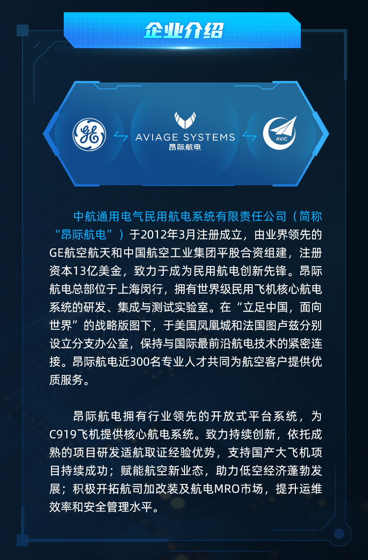 <p>企业介绍</p>
<p>AVIAGE SYSTEMS</p>
<p>昂际航电</p>
<p>AVIC</p>
<p>中航通用电气民用航电系统有限责任公司(简称<br/>“昂际航电”)于2012年3月注册成立，由业界领先的<br/>GE航空航天和中国航空工业集团平股合资组建，注册<br/>资本13亿美金，致力于成为民用航电创新先锋。昂际<br/>航电总部位于上海闵行，拥有世界级民用飞机核心航电<br/>系统的研发、集成与测试实验室。在“立足中国，面向<br/>世界”的战略版图下，于美国凤凰城和法国图卢兹分别<br/>设立分支办公室，保持与国际最前沿航电技术的紧密连<br/>接。昂际航电近300名专业人才共同为航空客户提供优<br/>质服务。</p>
<p>昂际航电拥有行业领先的开放式平台系统，为<br/>C919飞机提供核心航电系统。致力持续创新，依托成<br/>熟的项目研发适航取证经验优势，支持国产大飞机项<br/>目持续成功;赋能航空新业态，助力低空经济蓬勃发<br/>展;积极开拓航司加改装及航电MRO市场，提升运维<br/>效率和安全管理水平。</p>
