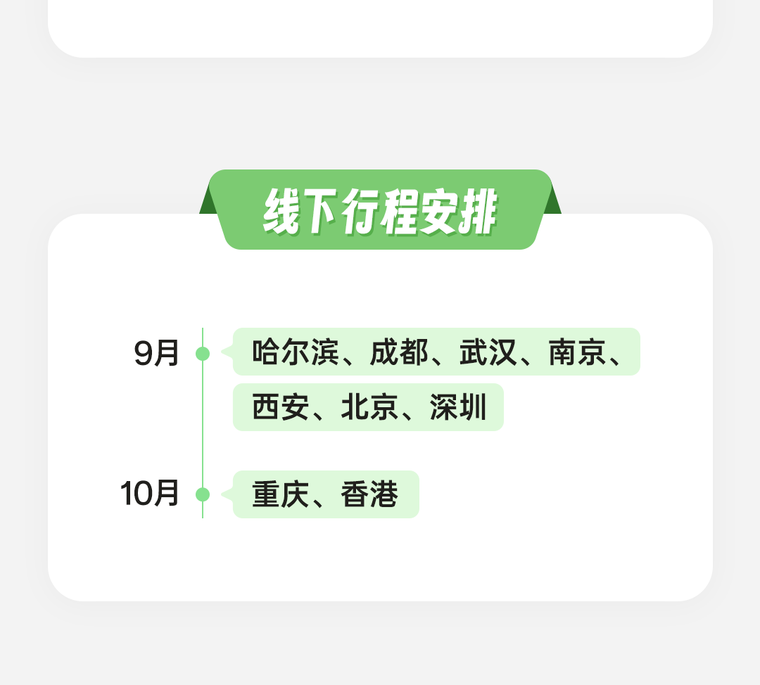 <p>线下行程安排</p>
<p>9月</p>
<p>哈尔滨、成都、武汉、南京、<br/>西安、北京、深圳</p>
<p>10月</p>
<p>重庆、香港</p>
