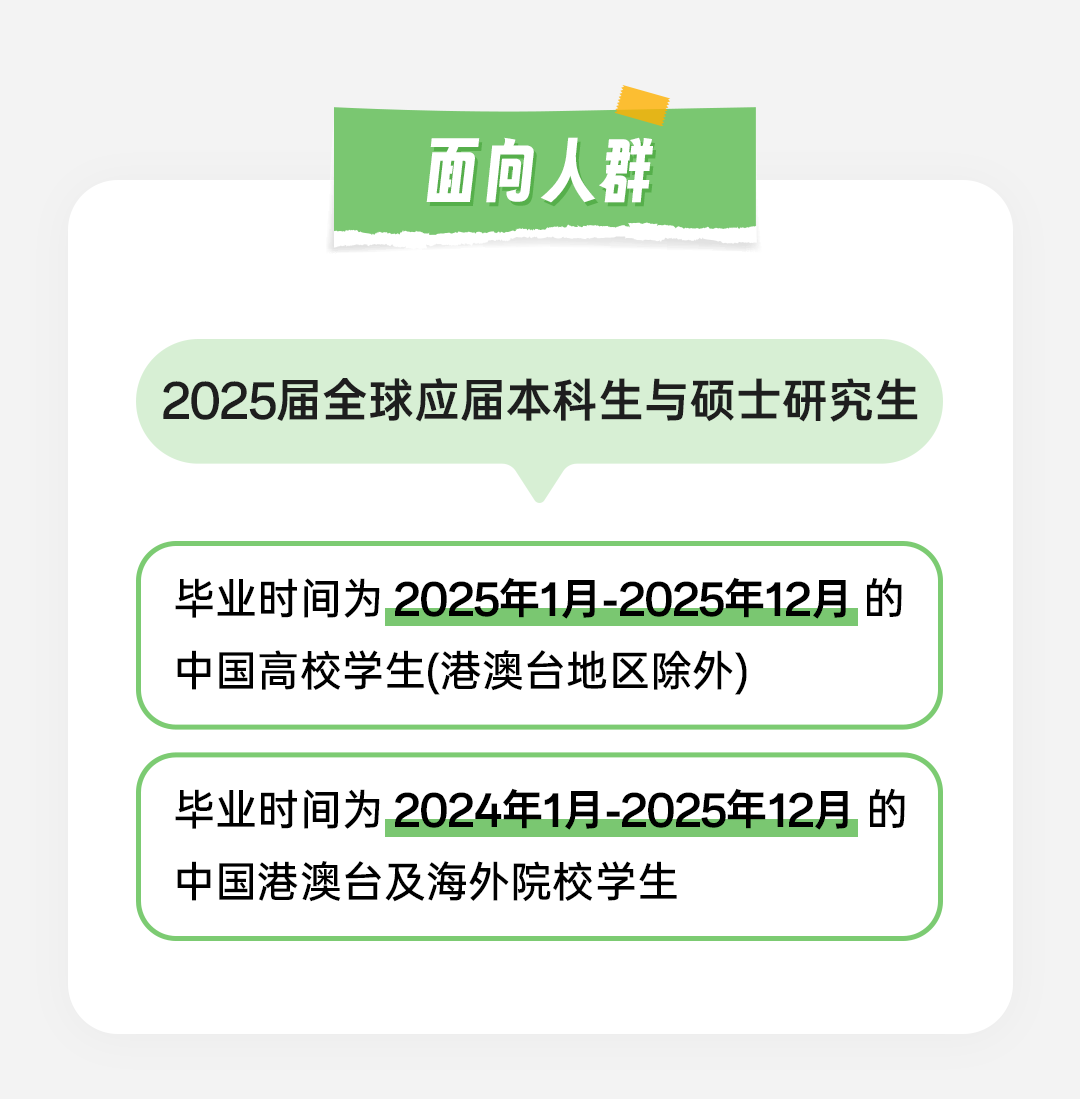 <p>面向人群</p>
<p>2025届全球应届本科生与硕士研究生</p>
<p>毕业时间为2025年1月-2025年12月的<br/>中国高校学生(港澳台地区除外)</p>
<p>毕业时间为2024年1月-2025年12月的<br/>中国港澳台及海外院校学生</p>
