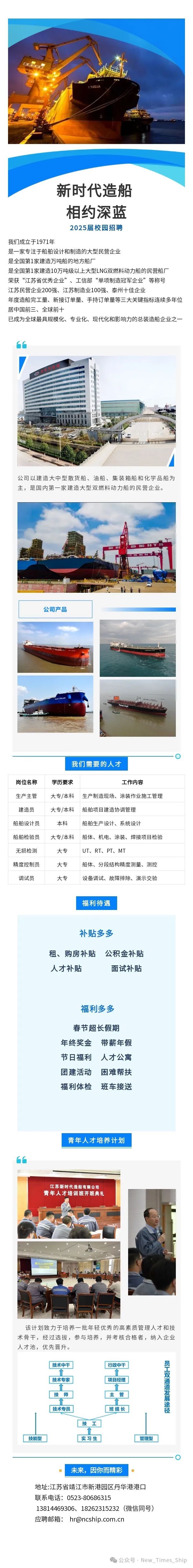 <p>YASLA</p>
<p>新时代造船</p>
<p>相约深蓝</p>
<p>2025届校园招聘</p>
<p>我们成立于1971年</p>
<p>是一家专注于船舶设计和制造的大型民营企业</p>
<p>是全国第1家建造万吨船的地方船厂</p>
<p>是全国第1家建造10万吨级以上大型LNG双燃料动力船的民营船厂</p>
<p>荣获“江苏省优秀企业”、工信部“单项制造冠军企业”等称号</p>
<p>江苏民营企业200强、江苏制造业100强、泰州十佳企业</p>
<p>年度造船完工量、新接订单量、手持订单量等三大关键指标连续多年位</p>
<p>居中国前三、全球前十</p>
<p>已成为全球最具规模化、专业化、现代化和影响力的总装造船企业之一</p>
<p>66</p>
<p>清水健</p>
<p>开血费</p>
<p>Wii</p>
<p>公司以建造大中型散货船、油船、集装箱船和化学品船为</p>
<p>主,是国内第一家建造大型双燃料动力船的民营企业。</p>
<p>家第面</p>
<p>公司产品</p>
<p>COTAHELA</p>
<p>eeqUoudo </p>
<p>我们需要的人才</p>
<p>岗位名称学历要求工作内容</p>
<p>生产主管大专/本科生产制造现场、涂装作业施工管理</p>
<p>建造员大专/本科船舶项目建造协调管理</p>
<p>船舶设计员本科船舶生产设计、系统设计</p>
<p>船舶检验员大专/本科船体、机电、涂装、焊接项目检验</p>
<p>无损检测UT、RT、PT、MT</p>
<p>精度控制员大专船体、分段结构精度测量、测控</p>
<p>调试员大专设备调试、故障排除、演示交验</p>
<p>福利待遇</p>
<p>补贴多多</p>
<p>租、购房补贴 公积金补贴</p>
<p>人才补贴面试补贴</p>
<p>福利多多</p>
<p>春节超长假期</p>
<p>年终奖金带薪年假</p>
<p>节日福利 人才公寓</p>
<p>团建活动困难帮扶</p>
<p>福利体检 班车接送</p>
<p>青年人才培养计划</p>
<p>66</p>
<p>江苏新时代造船有限公司</p>
<p>青年人才培训班开班典礼</p>
<p>两年人不地</p>
<p>该计划致力于培养一批年轻优秀的高素质管理人才和技</p>
<p>术骨干,经过选拔,参与培养,并考核合格者,纳入企业</p>
<p>人才池,优先晋升。</p>
<p>[ 技术中干][ 行政中干员</p>
<p>双</p>
<p>[技术专家[ 项目经理I</p>
<p> 个</p>
<p>技师</p>
<p>C技术专员班组长径</p>
<p>技工</p>
<p>C技能型[ _实习生]C管理型</p>
<p>。未来,因你而精彩</p>
<p>地址:江苏省靖江市新港园区丹华港港☐</p>
<p>联系电话: 0523-80686315</p>
<p>13814469306、 18262315232 (微信同号)</p>
<p>应聘邮箱: hr@ncship.com.cn</p>
<p>公众号. New_ .Times. _Ship</p>
