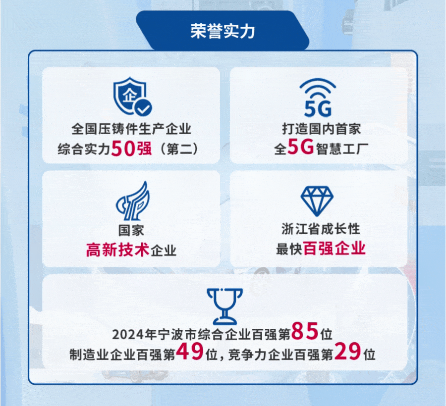<p>荣誉实力</p>
<p>个</p>
<p>全国压铸件生产企业<br/>综合实力50强(第二)</p>
<p>打造国内首家<br/>全5G智慧工厂</p>
<p>国家</p>
<p>高新技术企业</p>
<p>浙江省成长性<br/>最快百强企业</p>
<p>2024年宁波市综合企业百强第85位</p>
<p>制造业企业百强第49位，竞争力企业百强第29位</p>
