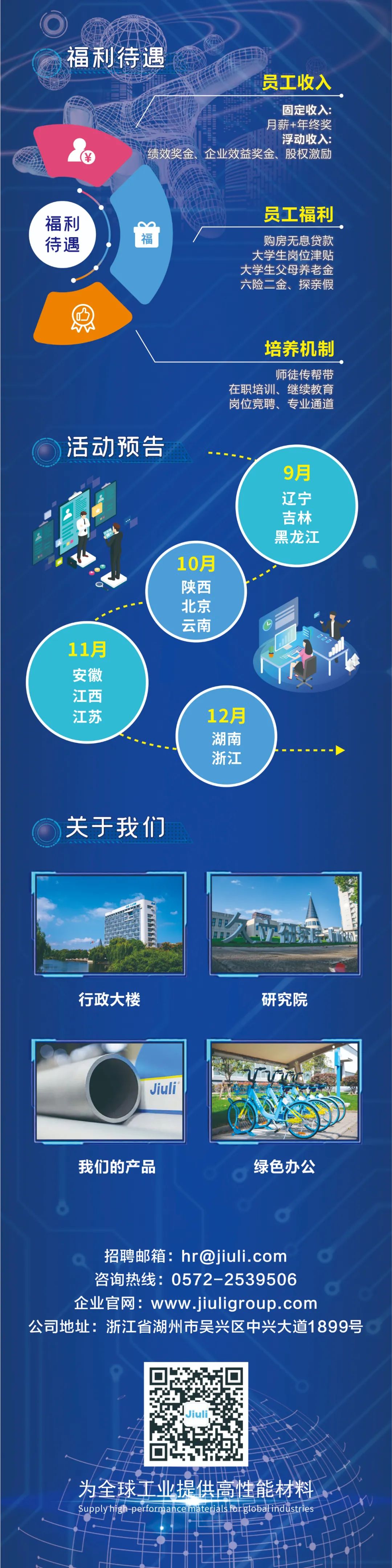<p>福利待遇</p>
<p>员工收入</p>
<p>固定收入:<br/>月薪+年终奖</p>
<p>浮动收入:</p>
<p>绩效奖金、企业效益奖金、股权激励</p>
<p>福利</p>
<p>待遇</p>
<p>福</p>
<p>员工福利<br/>购房无息贷款<br/>大学生岗位津贴<br/>大学生父母养老金<br/>六险二金、探亲假</p>
<p>培养机制<br/>师徒传帮带</p>
<p>在职培训、继续教育<br/>岗位竞聘、专业通道</p>
<p>活动预告</p>
<p>11月</p>
<p>安徽</p>
<p>江西</p>
<p>江苏</p>
<p>10月</p>
<p>陕西</p>
<p>北京</p>
<p>云南</p>
<p>12月</p>
<p>湖南</p>
<p>浙江</p>
<p>9月</p>
<p>辽宁</p>
<p>吉林</p>
<p>黑龙江</p>
<p>关于我们</p>
<p>久</p>
<p>行政大楼</p>
<p>研究院</p>
<p>Jiuli</p>
<p>我们的产品</p>
<p>绿色办公</p>
<p>招聘邮箱:hr@jiuli.com</p>
<p>咨询热线:0572-2539506</p>
<p>企业官网:www.jiuligroup.com</p>
<p>公司地址:浙江省湖州市吴兴区中兴大道1899号</p>
<p>为全球工业提供高性能材料<br/>Supplyhigh-performance materials for globalindustries</p>
