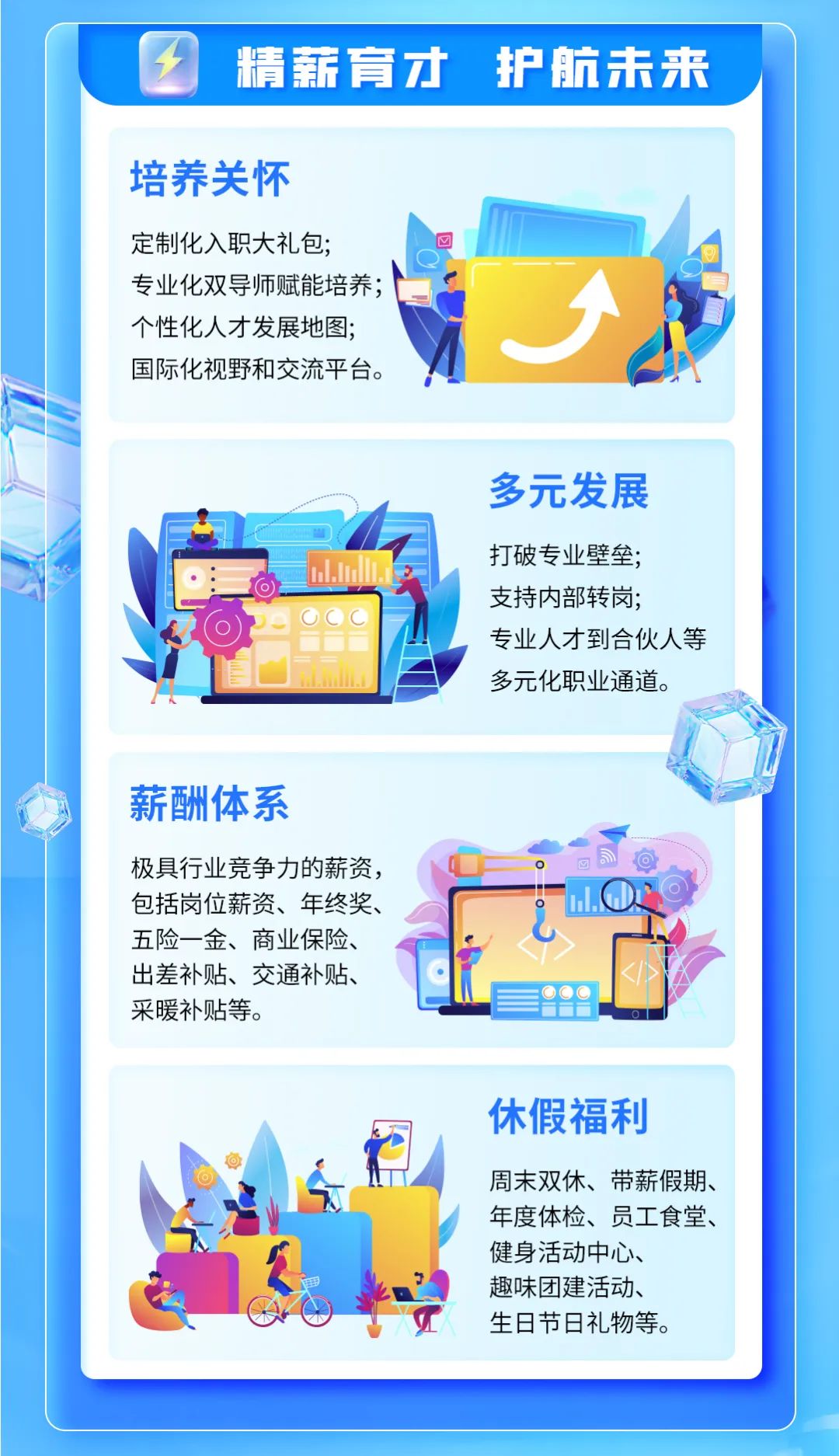 
<table>
<tr><td>4 精薪育才 护航未来</td>
</tr>
<tr><td>培养关怀定制化入职大礼包; 回Q专业化双导师赋能培养; ICI .个性化人才发展地图;国际化视野和交流平台。”) 多元发展习 1 打破专业壁垒;ul.In支持内部转岗;人 0) OCC专业人才到合伙人等多元化职业通道。、1薪酬体系极具行业竞争力的薪资, 向。包括岗位薪资、年终奖、 l.0 五险一金、商业保险、 中 m9出差补贴、交通补贴、采暖补贴等。休假福利人 周末双休、带薪假期、.年度体检、员工食堂、健身活动中心、s单 趣味团建活动、生日节日礼物等。</td>
</tr>
<tr><td></td>
</tr>
</table>

