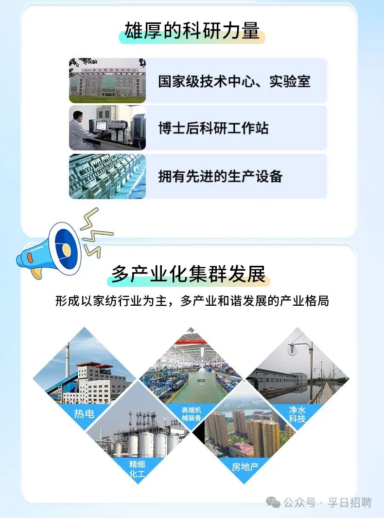 <p>雄厚的科研力量</p>
<p>4一平县集图桂术中心9</p>
<p>国家级技术中心、实验室</p>
<p>博士后科研工作站</p>
<p>拥有先进的生产设备</p>
<p>系</p>
<p>0o☐</p>
<p>多产业化集群发展</p>
<p>形成以家纺行业为主,多产业和谐发展的产业格局</p>
<p>Tt</p>
<p>两</p>
<p>热电! 特计上楼州械装备高端机相接</p>
<p>化工精细房地产</p>
<p>公众号,孚日招聘</p>
