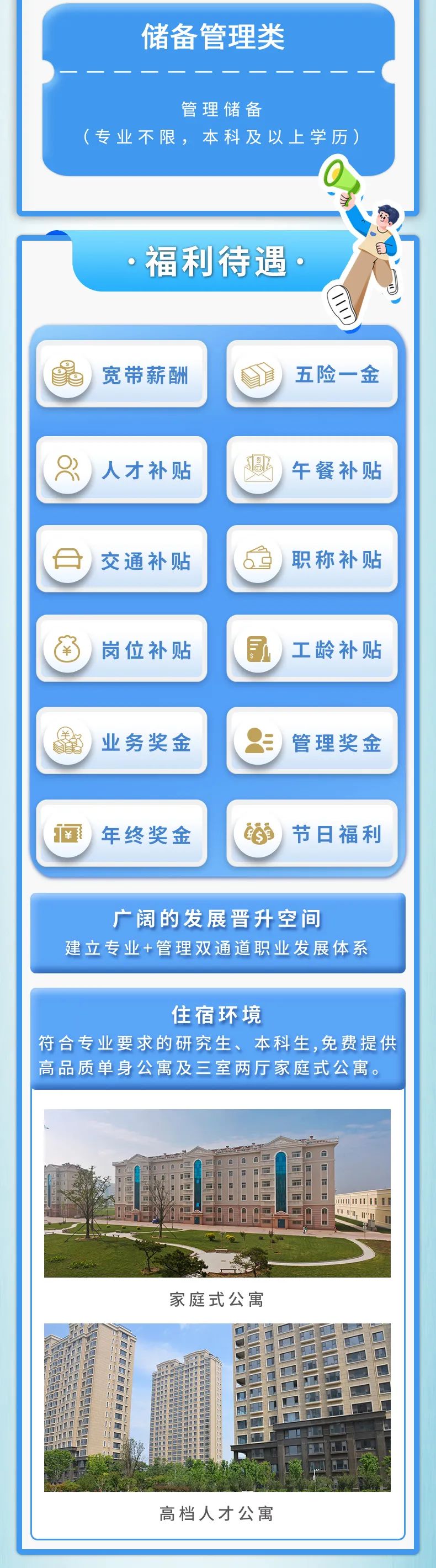 <p>储备管理类</p>
<p>管理储备</p>
<p>(专业不限,本科及以上学历)</p>
<p>。福利待遇.</p>

<table>
<tr><td>晶 宽带薪酬</td>
<td></td>
<td>D 五险一金</td>
</tr>
<tr><td colspan="3"></td>
</tr>
<tr><td>Q) 人才补贴</td>
<td></td>
<td>(圖) 午餐补贴</td>
</tr>
<tr><td colspan="3"></td>
</tr>
<tr><td>日 )交通补贴</td>
<td></td>
<td>鱼 )职称补贴</td>
</tr>
<tr><td colspan="3"></td>
</tr>
<tr><td>南 )岗位补贴</td>
<td></td>
<td>了 工龄补贴</td>
</tr>
<tr><td colspan="3"></td>
</tr>
<tr><td>晶 业务奖金</td>
<td></td>
<td>(&) 管理奖金</td>
</tr>
<tr><td colspan="3"></td>
</tr>
<tr><td>阎) )年终奖金</td>
<td></td>
<td>5 节日福利</td>
</tr>
<tr><td colspan="3"></td>
</tr>
<tr><td colspan="3">广阔的发展晋升空间建立专业+管理双通道职业发展体系</td>
</tr>
<tr><td colspan="3"></td>
</tr>
<tr><td colspan="3">住宿环境符合专业要求的研究生、本科生,免费提供高品质单身公寓及三室两厅家庭式公寓。</td>
</tr>
<tr><td colspan="3"></td>
</tr>
<tr><td colspan="3">oaoo o☐1日1中C</td>
</tr>
<tr><td colspan="3">家庭式公寓</td>
</tr>
<tr><td colspan="3">☐E ☐三用 欢 院高档人才公寓</td>
</tr>
<tr><td colspan="3"></td>
</tr>
</table>
