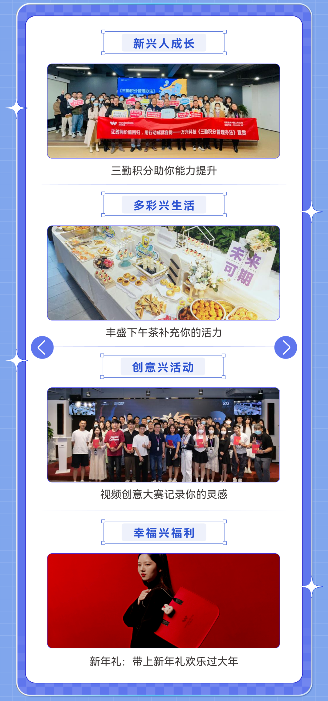 <p>新兴人成长</p>
<p>《三勤积分管理办法</p>
<p>0</p>
<p>n</p>
<p>1公B营公</p>
<p>让时间价值回归，用行动成就自我<br/>万兴科技《三勤积分管理办法》宣贯</p>
<p>三勤积分助你能力提升<br/>多彩兴生活</p>
<p>未来</p>
<p>可期</p>
<p>丰盛下午茶补充你的活力<br/>创意兴活动</p>
<p>视频创意大赛记录你的灵感</p>
<p>幸福兴福利</p>
<p>新年礼:带上新年礼欢乐过大年</p>
