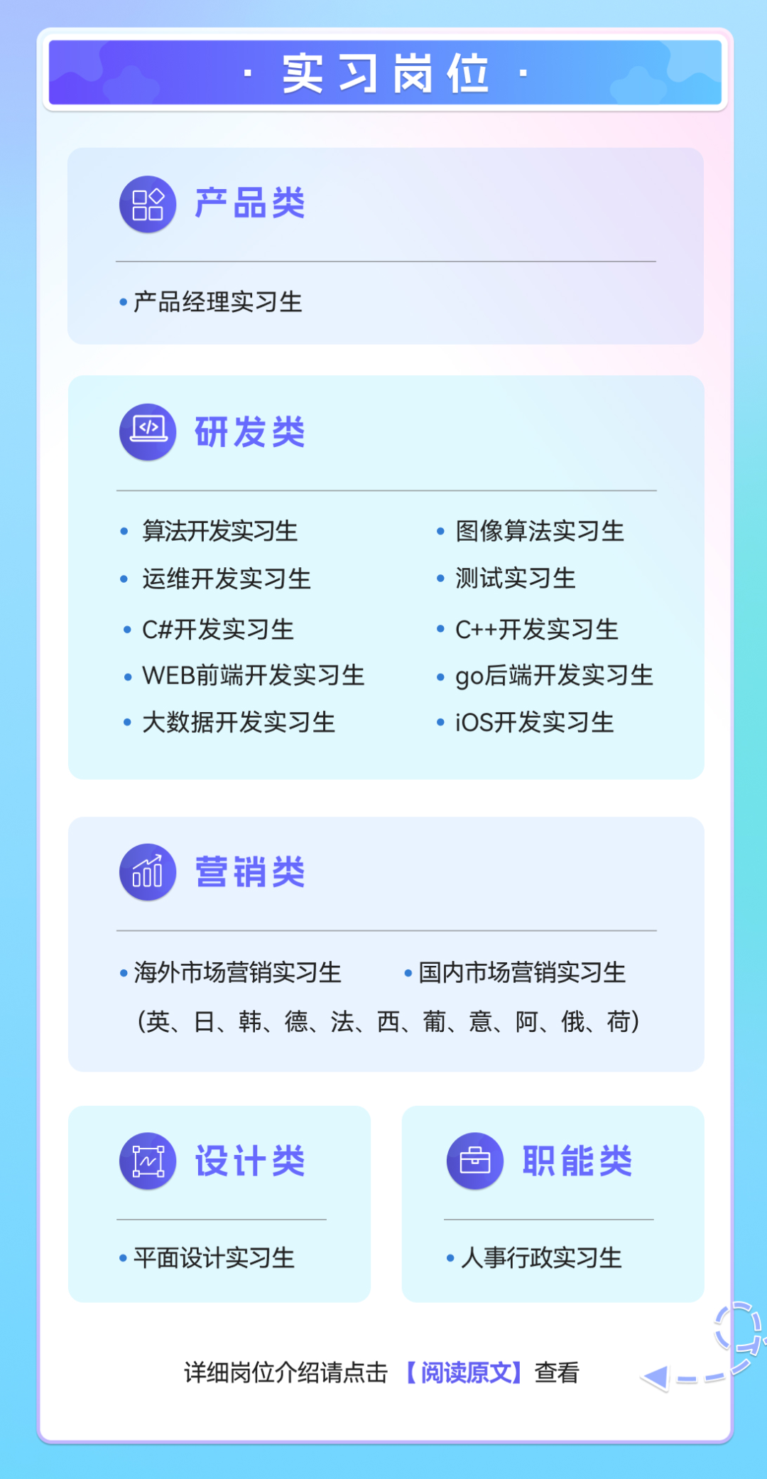 <p>详细岗位介绍请点击[阅读原文] 查看</p>

<table>
<tr><td colspan="2"></td>
</tr>
<tr><td colspan="2">实习岗位</td>
</tr>
<tr><td colspan="2"></td>
</tr>
<tr><td colspan="2">9产品类 产品经理实习生</td>
</tr>
<tr><td colspan="2"></td>
</tr>
<tr><td colspan="2"></> 研发类 算法开发实习生  图像算法实习生 运维开发实习生  测试实习生 C#开发实习生  C++开发实习生 WEB前端开发实习生  go后端开发实习生 大数据开发实习生  iOS开发实习生</td>
</tr>
<tr><td colspan="2"></td>
</tr>
<tr><td colspan="2">营销类 海外市场营销实习生  国内市场营销实习生(英、日、韩、德、法、西、葡、意、阿、俄、荷)</td>
</tr>
<tr><td>团设计类 平面设计实习生</td>
<td>\'色 职能类 人事行政实习生</td>
</tr>
</table>
