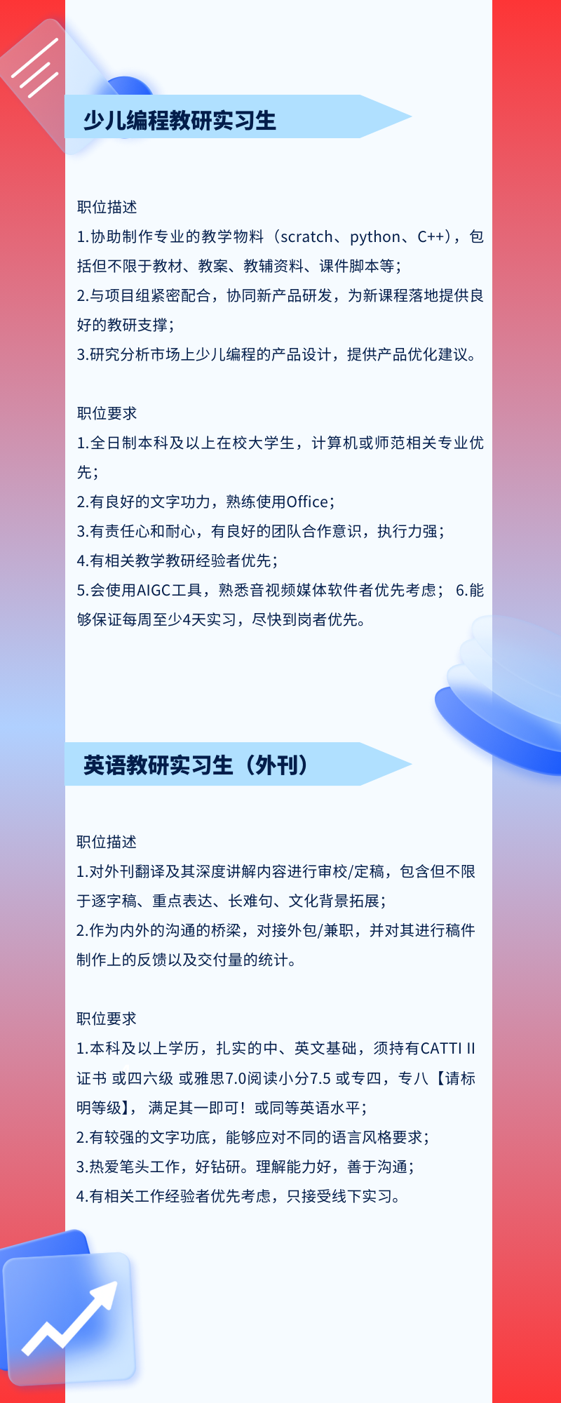 <p>少儿编程教研实习生</p>
<p>职位描述</p>
<p>1.协助制作专业的教学物料(scratch、python、<br/>C++)，包<br/>括但不限于教材、教案、教辅资料、课件脚本等;</p>
<p>2.与项目组紧密配合，协同新产品研发，为新课程落地提供良<br/>好的教研支撑;</p>
<p>3.研究分析市场上少儿编程的产品设计，提供产品优化建议。</p>
<p>职位要求</p>
<p>1.全日制本科及以上在校大学生，计算机或师范相关专业优<br/>先</p>
<p>2.有良好的文字功力，熟练使用Office;</p>
<p>3.有责任心和耐心，有良好的团队合作意识，执行力强;<br/>4.有相关教学教研经验者优先;</p>
<p>5.会使用AIGC工具，熟悉音视频媒体软件者优先考虑;6.能<br/>够保证每周至少4天实习，尽快到岗者优先。</p>
<p>英语教研实习生(外刊)</p>
<p>职位描述</p>
<p>1.对外刊翻译及其深度讲解内容进行审校/定稿，包含但不限<br/>于逐字稿、重点表达、长难句、文化背景拓展;</p>
<p>2.作为内外的沟通的桥梁，对接外包/兼职，并对其进行稿件<br/>制作上的反馈以及交付量的统计。</p>
<p>职位要求</p>
<p>1.本科及以上学历，扎实的中、英文基础，须持有CATTII<br/>证书或四六级或雅思7.0阅读小分7.5或专四，专八[请标<br/>明等级]，满足其一即可!或同等英语水平;</p>
<p>2.有较强的文字功底，能够应对不同的语言风格要求;</p>
<p>3.热爱笔头工作，好钻研。理解能力好，善于沟通;</p>
<p>4.有相关工作经验者优先考虑，只接受线下实习。</p>
