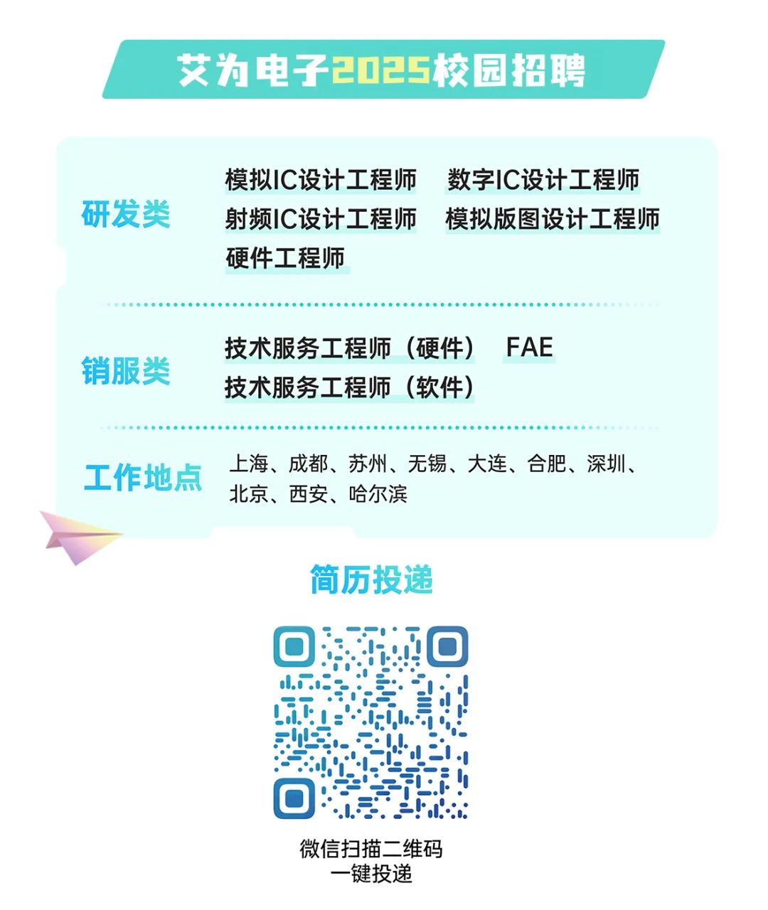 <p>艾为电子2025校园招聘</p>
<p>研发类</p>
<p>模拟IC设计工程师数字IC设计工程师<br/>射频IC设计工程师模拟版图设计工程师<br/>硬件工程师</p>
<p>销服类</p>
<p>工作地点</p>
<p>技术服务工程师(硬件)<br/>技术服务工程师(软件)</p>
<p>FAE</p>
<p>上海、成都、苏州、无锡、大连、合肥、深圳、<br/>北京、西安、哈尔滨</p>
<p>简历投递</p>
<p>C</p>
<p>微信扫描二维码</p>
<p>一键投递</p>
