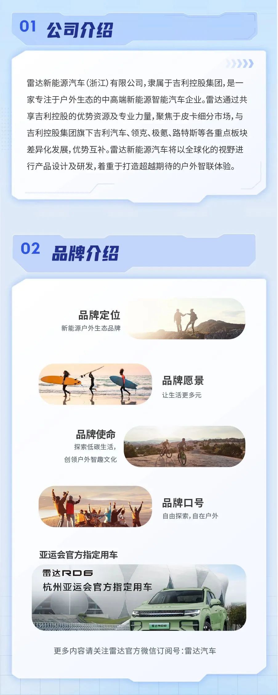 <p>品牌定位</p>
<p>新能源户外生态品牌</p>
<p>品牌愿景</p>
<p>让生活更多元</p>
<p>品牌使命</p>
<p>探索低碳生活,</p>
<p>创领户外智趣文化XN</p>
<p>品牌☐号</p>
<p>自由探索,自在户外</p>
<p>亚运会官方指定用车</p>
<p>雷达RD6</p>
<p>杭州亚运会官方指定用车</p>
<p>更多内容请关注雷达官方微信订阅号:雷达汽车</p>
<table>
<tr><td>01公司介绍</td>
<td></td>
</tr>
<tr><td colspan="2">》》雷达新能源汽车(浙江)有限公司,隶属于吉利控股集团,是- -家专注于户外生态的中高端新能源智能汽车企业。雷达通过共享吉利控股的优势资源及专业力量,聚焦于皮卡细分市场,与吉利控股集团旗下吉利汽车、领克、极氪、路特斯等各重点板块差异化发展,优势互补。雷达新能源汽车将以全球化的视野进行产品设计及研发,着重于打造超越期待的户外智联体验。</td>
</tr>
<tr><td colspan="2">02 品牌介绍</td>
</tr>
</table>