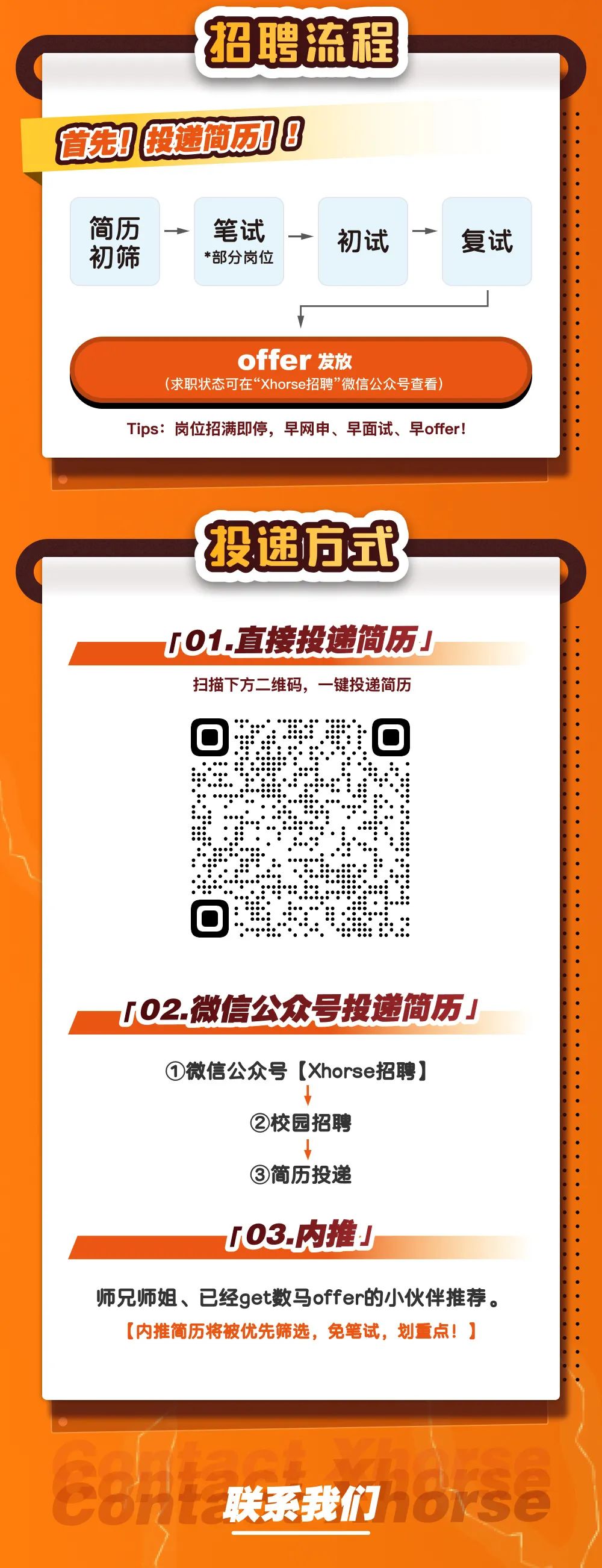 <p>招聘流程</p>
<p>首先!投速简历!<br/>简历</p>
<p>笔试</p>
<p>初试</p>
<p>初筛</p>
<p>*部分岗位</p>
<p>复试</p>
<p>offer发放</p>
<p>(求职状态可在&ldquo;Xhorse招聘&rdquo;微信公众号查看)<br/>Tips:岗位招满即停，早网申、早面试、早offer!</p>
<p>投递方式</p>
<p>[O1.直接投递简历」</p>
<p>扫描下方二维码，一键投递简历<br/>C</p>
<p>◎</p>
<p>「O2.微信公众号投递简历」<br/>①微信公众号[Xhorse招聘]</p>
<p>②校园招聘</p>
<p>③简历投递</p>
<p>「O3.内推」</p>
<p>师兄师姐、已经get数马offer的小伙伴推荐。</p>
<p>[内推简历将被优先筛选，免笔试，划重点!]</p>
<p>联系我们</p>
<p>se</p>
