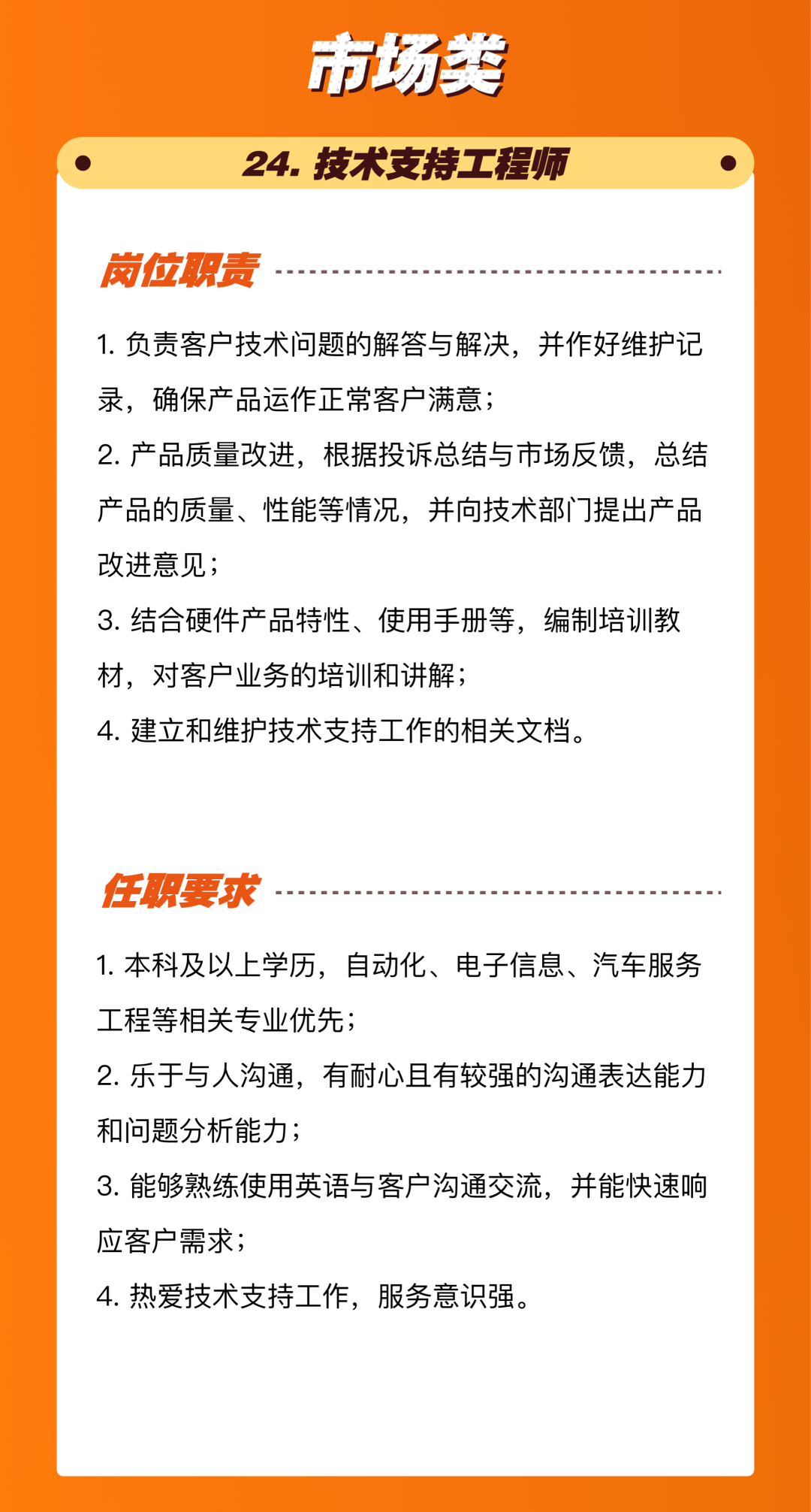 <p>市场类<br/>24.技术支持工程师</p>
<p>岗位职责</p>
<p>1.负责客户技术问题的解答与解决，并作好维护记<br/>录，确保产品运作正常客户满意;</p>
<p>2.产品质量改进，根据投诉总结与市场反馈，总结<br/>产品的质量、性能等情况，并向技术部门提出产品<br/>改进意见;</p>
<p>3.结合硬件产品特性、使用手册等，编制培训教<br/>材，对客户业务的培训和讲解;</p>
<p>4.建立和维护技术支持工作的相关文档。</p>
<p>任职要求</p>
<p>1.本科及以上学历，自动化、电子信息、汽车服务<br/>工程等相关专业优先;</p>
<p>2.乐于与人沟通，有耐心且有较强的沟通表达能力<br/>和问题分析能力;</p>
<p>3.能够熟练使用英语与客户沟通交流，并能快速响<br/>应客户需求;</p>
<p>4.热爱技术支持工作，服务意识强。</p>
