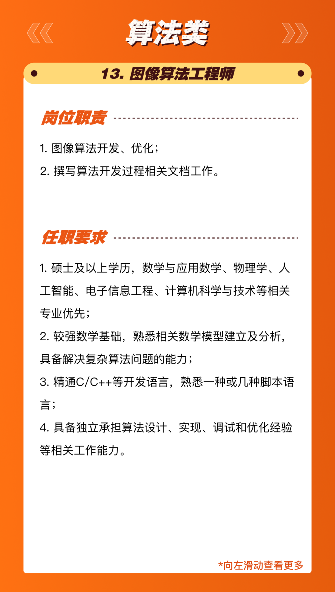 <p>算法类<br/>13.图像算法工程师</p>
<p>岗位职责</p>
<p>1.图像算法开发、优化;</p>
<p>2.撰写算法开发过程相关文档工作。</p>
<p>任职要求</p>
<p>1.硕士及以上学历，数学与应用数学、物理学、人<br/>工智能、电子信息工程、计算机科学与技术等相关<br/>专业优先;</p>
<p>2.较强数学基础，熟悉相关数学模型建立及分析，<br/>具备解决复杂算法问题的能力;</p>
<p>3.精通C/C++等开发语言，熟悉一种或几种脚本语<br/>言;</p>
<p>4.具备独立承担算法设计、实现、调试和优化经验<br/>等相关工作能力。</p>
<p>*向左滑动查看更多</p>
