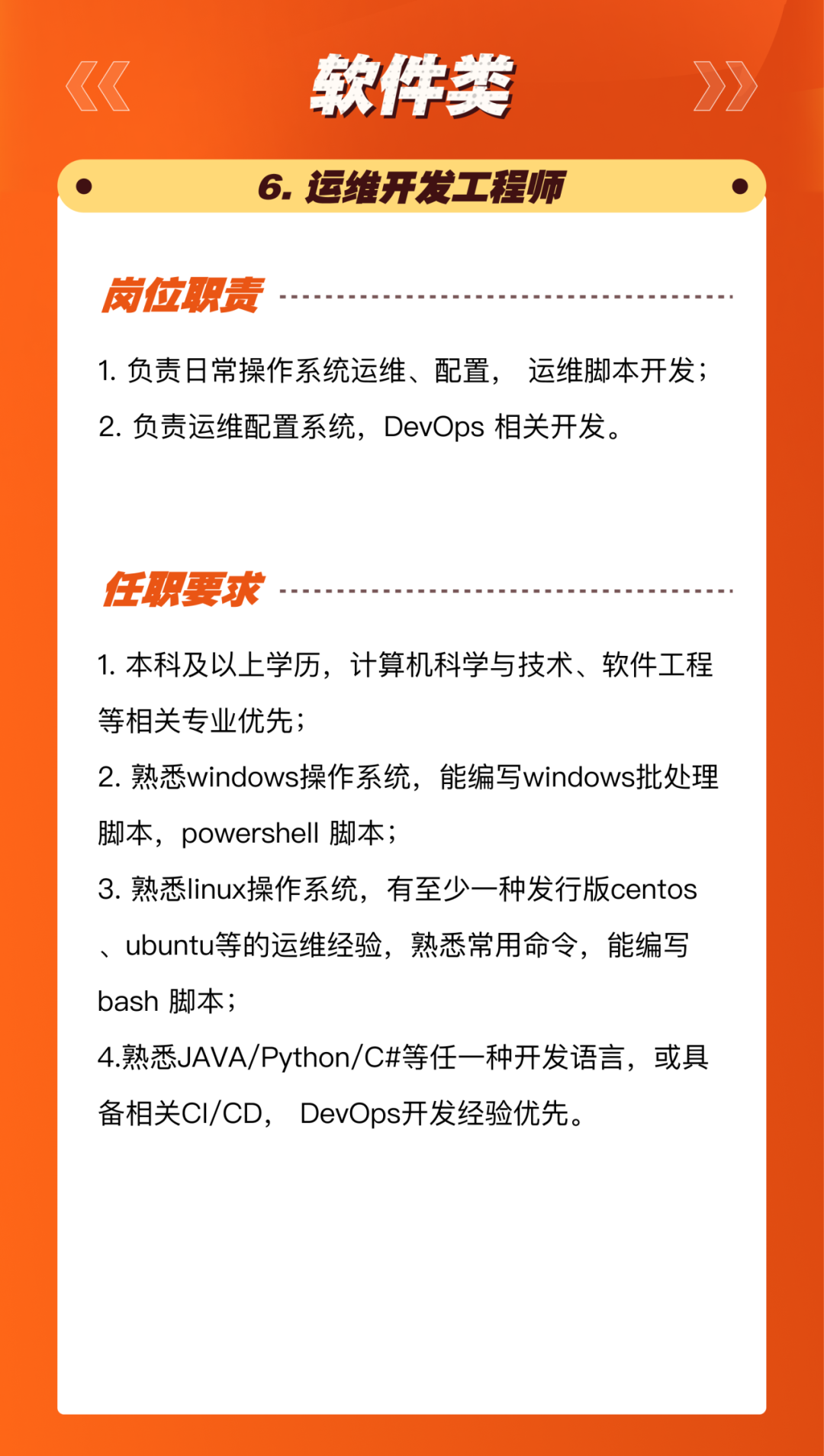 <p>软件类<br/>6.运维开发工程师</p>
<p>岗位职责</p>
<p>1.负责日常操作系统运维、配置，运维脚本开发;<br/>2.负责运维配置系统，DevOps 相关开发。</p>
<p>任职要求</p>
<p>1.本科及以上学历，计算机科学与技术、软件工程<br/>等相关专业优先;</p>
<p>2.熟悉windows操作系统，能编写windows批处理<br/>脚本，powershell脚本;</p>
<p>3.熟悉linux操作系统，有至少一种发行版centos<br/>、ubuntu等的运维经验，熟悉常用命令，能编写<br/>bash脚本;</p>
<p>4.熟悉JAVA/Python/C#等任一种开发语言，或具<br/>备相关CI/CD，DevOps开发经验优先。</p>
