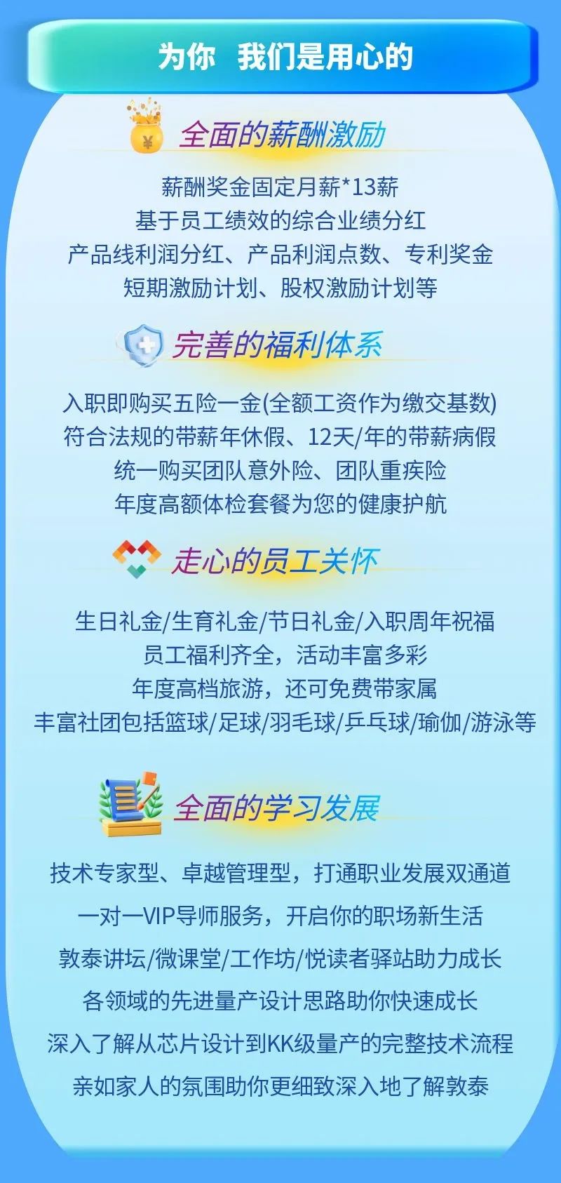 <p>为你我们是用心的</p>
<p>全面的薪酬激励</p>
<p>薪酬奖金固定月薪*13薪</p>
<p>基于员工绩效的综合业绩分红</p>
<p>产品线利润分红、产品利润点数、专利奖金<br/>短期激励计划、股权激励计划等</p>
<p>完善的福利体系</p>
<p>入职即购买五险一金(全额工资作为缴交基数)<br/>符合法规的带薪年休假、12天/年的带薪病假<br/>统一购买团队意外险、团队重疾险</p>
<p>年度高额体检套餐为您的健康护航</p>
<p>走心的员工关怀</p>
<p>生日礼金/生育礼金/节日礼金/入职周年祝福</p>
<p>员工福利齐全，活动丰富多彩</p>
<p>年度高档旅游，还可免费带家属</p>
<p>丰富社团包括篮球/足球/羽毛球/乒乓球/瑜伽/游泳等</p>
<p>N</p>
<p>全面的学习发展</p>
<p>技术专家型、卓越管理型，打通职业发展双通道</p>
<p>一对一VIP导师服务，开启你的职场新生活<br/>敦泰讲坛/微课堂/工作坊/悦读者驿站助力成长</p>
<p>各领域的先进量产设计思路助你快速成长<br/>深入了解从芯片设计到KK级量产的完整技术流程</p>
<p>亲如家人的氛围助你更细致深入地了解敦泰</p>
