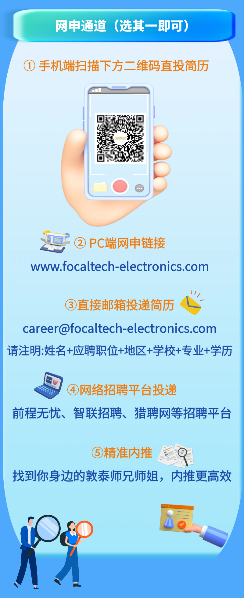 <p>网申通道(选其一即可)<br/>①手机端扫描下方二维码直投简历</p>
<p>②PC端网申链接</p>
<p>www.focaltech-electronics.com</p>
<p>③直接邮箱投递简历</p>
<p>career@focaltech-electronics.com<br/>请注明:姓名+应聘职位+地区+学校+专业+学历</p>
<p>④网络招聘平台投递</p>
<p>前程无忧、智联招聘、猎聘网等招聘平台</p>
<p>⑤精准内推</p>
<p>找到你身边的敦泰师兄师姐，内推更高效</p>
