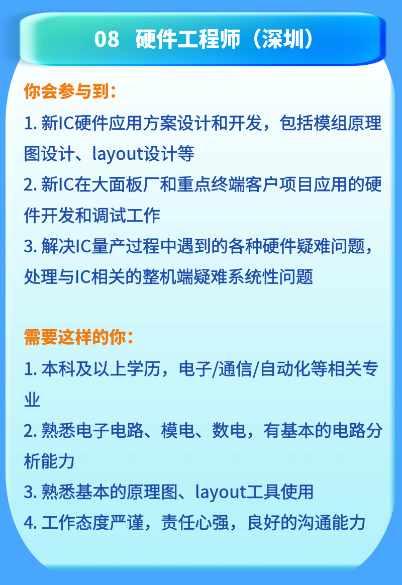 <p>08 硬件工程师(深圳)</p>
<p>你会参与到:</p>
<p>1.新IC硬件应用方案设计和开发，包括模组原理<br/>图设计、layout设计等</p>
<p>2.新IC在大面板厂和重点终端客户项目应用的硬<br/>件开发和调试工作</p>
<p>3.解决IC量产过程中遇到的各种硬件疑难问题，<br/>处理与IC相关的整机端疑难系统性问题</p>
<p>需要这样的你。</p>
<p>1.本科及以上学历，电子/通信/自动化等相关专<br/>业</p>
<p>2.熟悉电子电路、模电、数电，有基本的电路分<br/>析能力</p>
<p>3. 熟悉基本的原理图、layout工具使用</p>
<p>4.工作态度严谨，责任心强，良好的沟通能力</p>
