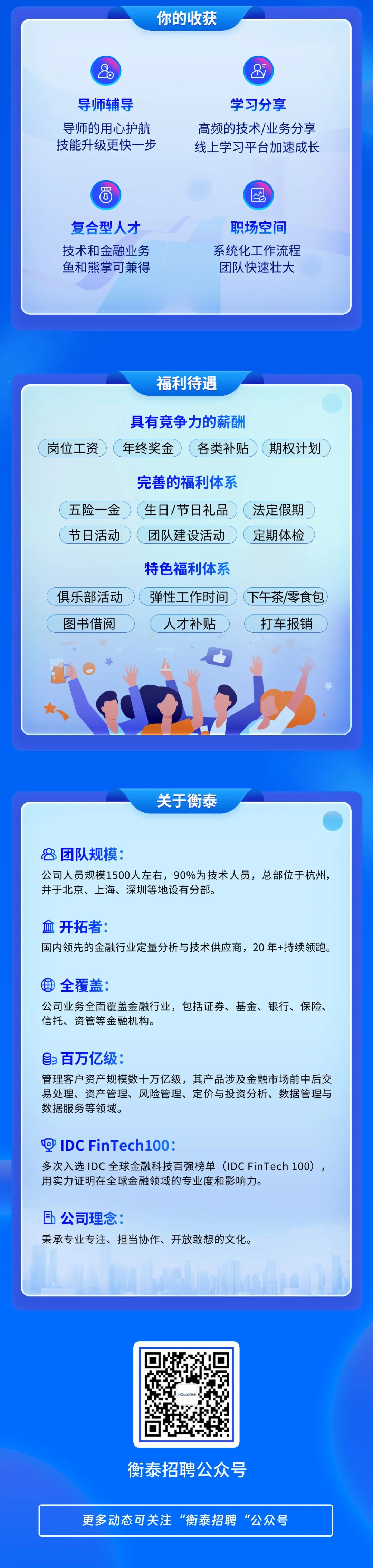 <p>你的收获</p>
<p>6</p>
<p>8</p>
<p>导师辅导<br/>导师的用心护航<br/>技能升级更快一步</p>
<p>学习分享</p>
<p>高频的技术/业务分享<br/>线上学习平台加速成长</p>
<p> </p>
<p>级</p>
<p>y</p>
<p>复合型人才<br/>技术和金融业务<br/>鱼和熊掌可兼得</p>
<p>职场空间<br/>系统化工作流程<br/>团队快速壮大</p>
<p>福利待遇</p>
<p>岗位工资</p>
<p>具有竞争力的薪酬<br/>年终奖金</p>
<p>各类补贴</p>
<p>期权计划</p>
<p>五险一金<br/>节日活动</p>
<p>完善的福利体系<br/>生日/节日礼品<br/>团队建设活动</p>
<p>法定假期<br/>定期体检</p>
<p>俱乐部活动<br/>图书借阅</p>
<p>特色福利体系<br/>弹性工作时间<br/>人才补贴</p>
<p>下午茶/零食包<br/>打车报销</p>
<p>关于衡泰</p>
<p>团队规模:</p>
<p>公司人员规模1500人左右，90%为技术人员，总部位于杭州，<br/>并于北京、上海、深圳等地设有分部。</p>
<p>血开拓者:</p>
<p>国内领先的金融行业定量分析与技术供应商，20年+持续领跑。</p>
<p>全覆盖:</p>
<p>公司业务全面覆盖金融行业，包括证券、基金、银行、保险、<br/>信托、资管等金融机构。</p>
<p>2百万亿级:</p>
<p>管理客户资产规模数十万亿级，其产品涉及金融市场前中后交<br/>易处理、资产管理、风险管理、定价与投资分析、数据管理与<br/>数据服务等领域。</p>
<p>@IDC FinTech100:</p>
<p>多次入选IDC全球金融科技百强榜单(IDCFinTech100)，<br/>用实力证明在全球金融领域的专业度和影响力。</p>
<p>公司理念:</p>
<p>秉承专业专注、担当协作、开放敢想的文化。</p>
<p>衡泰招聘公众号</p>
<p>更多动态可关注<br/>&ldquo;衡泰招聘&ldquo;公众号</p>

