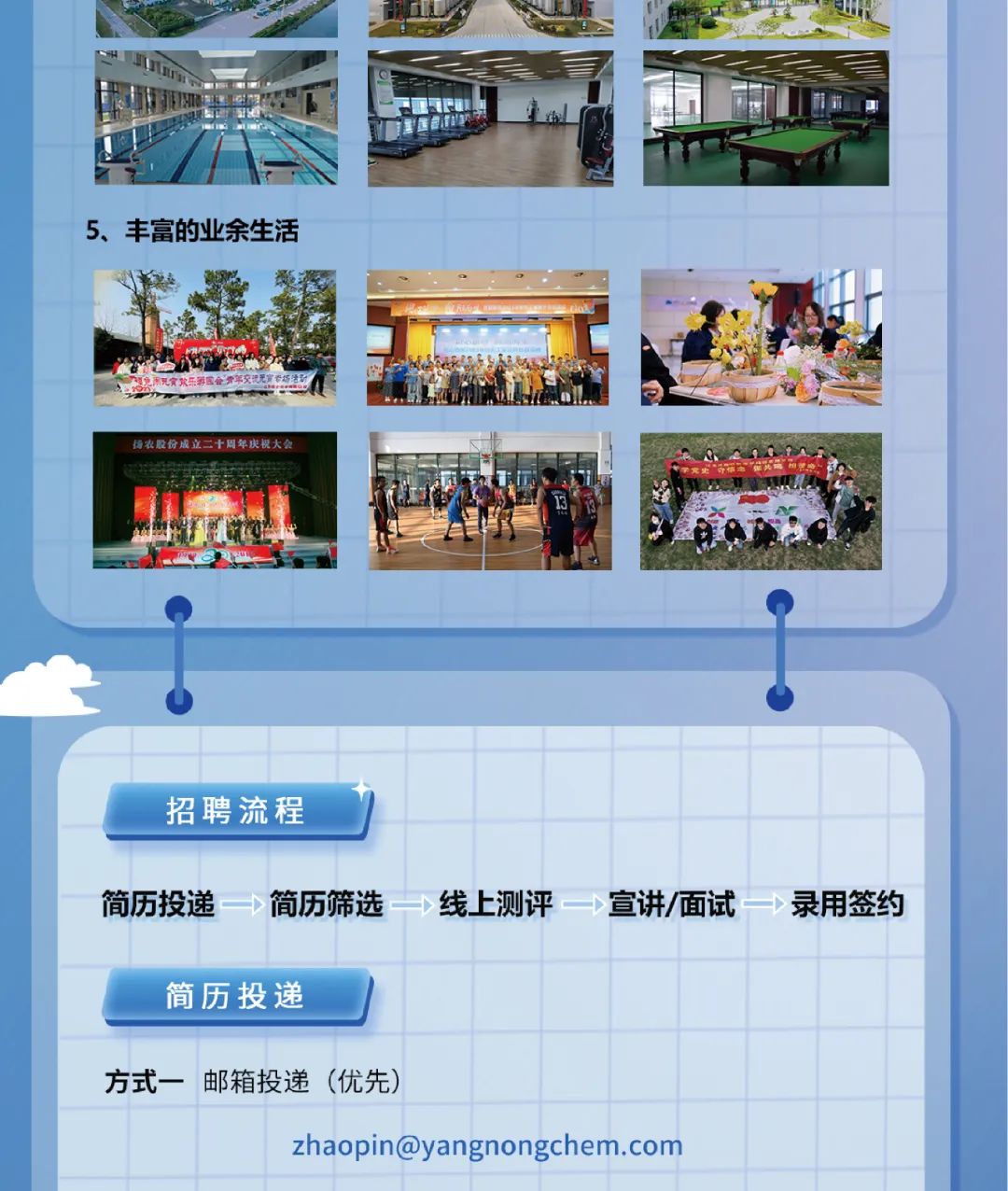 <p>5、丰富的业余生活</p>
<p>京用民赏欢乐游医会</p>

<table>
<tr><td colspan="7">扬农股份成立二十周年庆祝大会麦茶 。Ta</td>
<td colspan="4">2宝。 C</td>
<td></td>
</tr>
<tr><td colspan="12">A</td>
</tr>
<tr><td colspan="12">J0</td>
</tr>
<tr><td></td>
<td></td>
<td></td>
<td></td>
<td></td>
<td></td>
<td></td>
<td></td>
<td></td>
<td></td>
<td></td>
<td></td>
</tr>
<tr><td></td>
<td></td>
<td></td>
<td>,</td>
<td></td>
<td></td>
<td></td>
<td></td>
<td></td>
<td></td>
<td></td>
<td></td>
</tr>
<tr><td colspan="4">招聘流程</td>
<td rowspan="2" colspan="5">二线上测评一宣讲/面试:</td>
<td colspan="2"></td>
<td></td>
</tr>
<tr><td colspan="4">简历投递=D简历筛选C</td>
<td colspan="3">一录用签约</td>
</tr>
<tr><td colspan="4">简历投递</td>
<td></td>
<td></td>
<td></td>
<td></td>
<td></td>
<td></td>
<td colspan="2"></td>
</tr>
<tr><td>方式一</td>
<td colspan="3">邮箱投递(优先)</td>
<td></td>
<td></td>
<td></td>
<td></td>
<td></td>
<td></td>
<td colspan="2"></td>
</tr>
<tr><td></td>
<td></td>
<td colspan="7">zhaopin@yangnongchem.com</td>
<td></td>
<td colspan="2"></td>
</tr>
</table>
