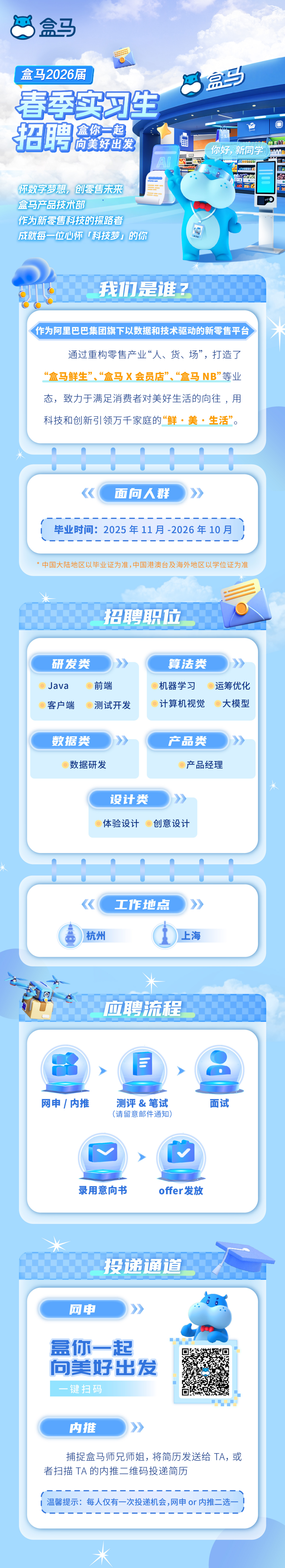 <p>盒马</p>
<p>盒马2026届</p>
<p>春季实习生<br/>招聘警温</p>
<p>盒马</p>
<p>你好，新同学</p>
<p>怀数字梦想，创零售未来<br/>盒马产品技术部</p>
<p>作为新零售科技的探路者</p>
<p>成就每一位心怀「科技梦，的你</p>
<p>我我们是谁?</p>
<p>作为阿里巴巴集团旗下以数据和技术驱动的新零售平台</p>
<p>通过重构零售产业“人、货、场”，打造了<br/>“盒马鲜生”、“盒马X会员店”、“盒马NB”等业<br/>态，致力于满足消费者对美好生活的向往，用<br/>科技和创新引领万千家庭的“鲜.美.生活”。</p>
<p>面向人群</p>
<p>毕业时间:2025年11月-2026年10月</p>
<p>中国大陆地区以毕业证为准，中国港澳台及海外地区以学位证为准</p>
<p>招聘职位</p>
<p>研发类</p>
<p>Java</p>
<p>前端</p>
<p>客户端</p>
<p>测试开发</p>
<p>算法类<br/>机器学习<br/>计算机视觉</p>
<p>运筹优化<br/>大模型</p>
<p>数据类</p>
<p>数据研发</p>
<p>产品类</p>
<p>产品经理</p>
<p>设计类</p>
<p>体验设计</p>
<p>创意设计</p>
<p>杭州</p>
<p>工作地点</p>
<p>上海</p>
<p>应聘流程</p>
<p>网申/内推</p>
<p>测评&笔试<br/>(请留意邮件通知)</p>
<p>面试</p>
<p>录用意向书</p>
<p>offer发放</p>
<p>投递通道</p>
<p>网申</p>
<p>盒你一起<br/>向美好出发<br/>一键扫码</p>
<p>内推</p>
<p>捕捉盒马师兄师姐，将简历发送给TA，或<br/>者扫描TA 的内推二维码投递简历</p>
<p>温馨提示:每人仅有一次投递机会,网申or 内推二选</p>

