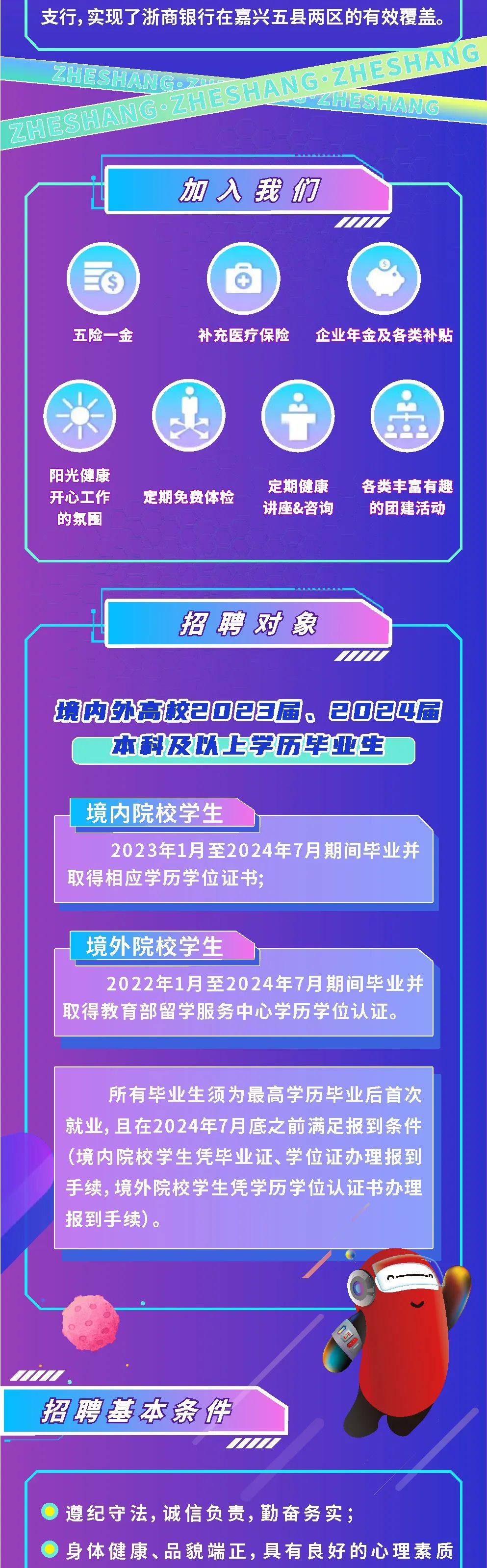 <p>支行，实现了浙商银行在嘉兴五县两区的有效覆盖。<br/>ZHESHANGZ<br/>ZHESHANG&middot;ZHESHANG&middot;ZHESHANG</p>
<p>HANG</p>
<p>加入我们</p>
<p>五险一金</p>
<p>补充医疗保险</p>
<p>企业年金及各类补贴</p>
<p>阳光健康<br/>开心工作</p>
<p>的氛目</p>
<p>定期免费体检</p>
<p>定期健康<br/>讲座&咨询</p>
<p>各类丰育有趣<br/>的团建活动</p>
<p>招聘对象</p>
<p>境内外高校2023届，2024届<br/>本科及以上学历毕业生</p>
<p>境内院校学生</p>
<p>2023年1月至2024年7月期间毕业并<br/>取得相应学历学位证书:</p>
<p>境外院校学生</p>
<p>2022年1月至2024年7月期间毕业并<br/>取得教育部留学服务中心学历学位认证。</p>
<p>所有毕业生须为最高学历毕业后首次<br/>就业，且在2024年7月底之前满足报到条件<br/>(境内院校学生凭毕业证、学位证办理报到<br/>手续，境外院校学生凭学历学位认证书办理<br/>报到手续)，</p>
<p>招聘基本条件</p>
<p>遵纪守法，诚信负责，勤奋务实:</p>
<p>身体健康、品貌端正，具有良好的心理素质</p>
