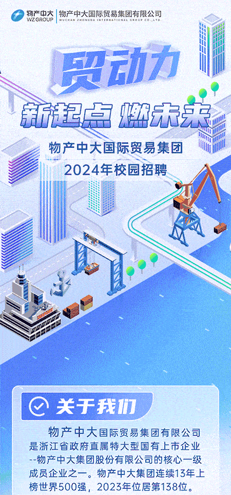 <p>)物产中大|物产中大国际贸易集团有限公司WZGROUP MUCKA NONGDAIATIRNATIONALGROUPCO.LTO</p>
<p>贸动力</p>
<p>!新起点燃未来:</p>
<p>物产中大国际贸易集团</p>
<p>2024年校园招聘</p>
<p>C关于我们</p>
<p>物产中大国际贸易集团有限公司</p>
<p>是浙江省政府直属特大型国有上市企业</p>
<p>-物产中大集团股份有限公司的核心一级</p>
<p>成员企业之一。物产中大集团连续13年上</p>
<p>榜世界500强,2023年位居第138位。</p>

