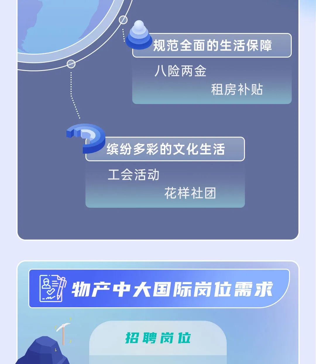 <p>规范全面的生活保障</p>
<p>八险两金</p>
<p>租房补贴</p>
<p>缤纷 多彩的文化生活</p>
<p>工会活动</p>
<p>花样社团</p>
<p>招聘岗位</p>

<table>
<tr><td colspan="2"></td>
</tr>
<tr><td colspan="2"></td>
</tr>
<tr><td></td>
<td>劲物产中大国际岗位需求</td>
</tr>
</table>
