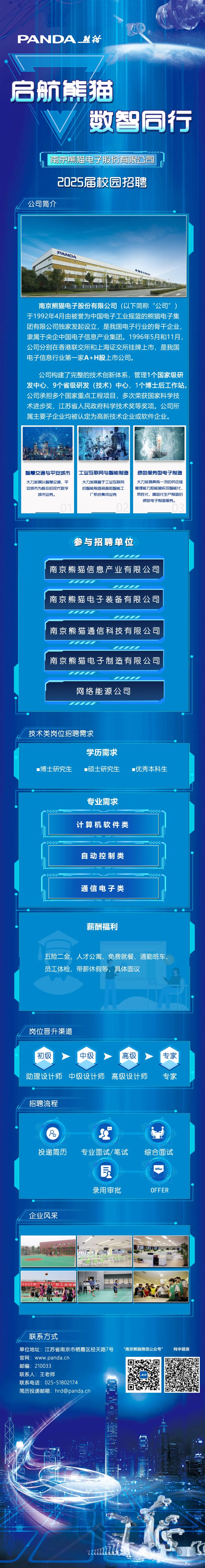 <p>PANDA能</p>
<p>启航熊猫</p>
<p>数智同行</p>
<p>南京熊猫电子股份有限公司<br/>2025届校园招聘</p>
<p>公司简介</p>
<p>PANDA</p>
<p>中国电子熊猫家</p>
<p>南京熊猫电子股份有限公司(以下简称“公司”)<br/>于1992年4月由被誉为中国电子工业摇篮的熊猫电子集<br/>团有限公司独家发起设立，是我国电子行业的骨干企业，<br/>隶属于央企中国电子信息产业集团。1996年5月和11月<br/>公司分别在香港联交所和上海证交所挂牌上市，是我国<br/>电子信息行业第一家A+H股上市公司。</p>
<p>公司构建了完整的技术创新体系，管理1个国家级研<br/>发中心、9个省级研发(技术)中心，1个博士后工作站。<br/>公司承担多个国家重点工程项目，多次荣获国家科学技<br/>术进步奖、江苏省人民政府科学技术奖等奖项。公司所<br/>属主要子企业均被认定为高新技术企业或软件企业。</p>
<p>智慧交通与平安城市<br/>大力发展以智慧交通，平<br/>安城市为核心的现代数字</p>
<p>城市业务。</p>
<p>工业互联网与智能制造绿色服务型电子制造<br/>大力发展基于工业互联网</p>
<p>大力发展具有一流的供应链</p>
<p>的智能制造装备和智能工</p>
<p>管理能力和能够实现智能化，</p>
<p>厂系统集成业务</p>
<p>柔性化、精益化生产制造的<br/>绿色电子制造服务。</p>
<p>参与招聘单位</p>
<p>南京熊猫信息产业有限公司</p>
<p>南京熊猫电子装备有限公司</p>
<p>南京熊猫通信科技有限公司</p>
<p>南京熊猫电子制造有限公司</p>
<p>网络能源公司</p>
<p>技术类岗位招聘需求</p>
<p>学历需求</p>
<p>■博士研究生</p>
<p>■硕士研究生</p>
<p>■优秀本科生</p>
<p>专业需求<br/>计算机软件类</p>
<p>自动控制类</p>
<p>通信电子类</p>
<p>薪酬福利</p>
<p>五险二金、人才公寓、免费就餐、通勤班车.<br/>员工体检、带薪休假等，具体面议</p>
<p>岗位晋升渠道</p>
<p>初级</p>
<p>中级</p>
<p>高级</p>
<p>助理设计师 中级设计师 高级设计师</p>
<p>专家</p>
<p>专家</p>
<p>招聘流程</p>
<p>投递简历</p>
<p>专业面试/笔试</p>
<p>综合面试</p>
<p>Offer</p>
<p>录用审批</p>
<p>OFFER</p>
<p>企业风采</p>
<p>22任</p>
<p>”职工链球</p>
<p>联系方式</p>
<p>单位地址:江苏省南京市栖霞区经天路7号<br/>官网:www.panda.cn</p>
<p>邮编:210033</p>
<p>联系人:王老师</p>
<p>联系电话:025-51802174</p>
<p>简历投递邮箱:hrd@panda.cn</p>
<p>“南京熊猫微信公众号"</p>
<p>网申链接</p>
<p>1111</p>
<p> </p>
