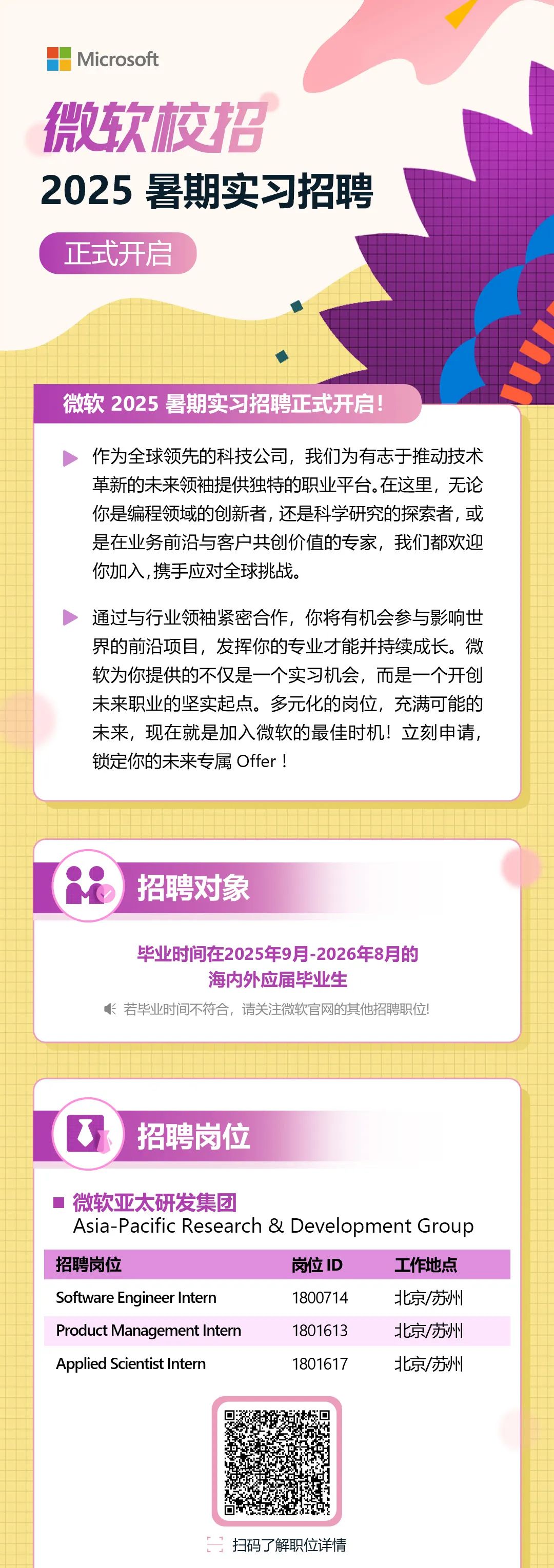<p>Microsoft</p>
<p>微软校招</p>
<p>2025暑期实习招聘</p>
<p>正式开启</p>
<p>微软2025暑期实习招聘正式开启!</p>
<p>作为全球领先的科技公司,我们为有志于推动技术<br/>革新的未来领袖提供独特的职业平台。在这里,无论<br/>你是编程领域的创新者,还是科学研究的探索者,或<br/>是在业务前沿与客户共创价值的专家,我们都欢迎<br/>你加入,携手应对全球挑战。</p>
<p>通过与行业领袖紧密合作,你将有机会参与影响世<br/>界的前沿项目,发挥你的专业才能并持续成长。微<br/>软为你提供的不仅是一个实习机会,而是一个开创<br/>未来职业的坚实起点。多元化的岗位,充满可能的<br/>未来,现在就是加入微软的最佳时机!立刻申请,<br/>锁定你的未来专属Offer!</p>
<p>招聘对象</p>
<p>毕业时间在2025年9月-2026年8月的</p>
<p>海内外应届毕业生</p>
<p>若毕业时间不符合,请关注微软官网的其他招聘职位!</p>
<p>招聘岗位</p>
<p>微软亚太研发集团</p>
<p>Asia-Pacific Research & Development Group<br/>招聘岗位</p>
<p>岗位ID</p>
<p>工作地点</p>
<p>Software Engineer Intern</p>
<p>1800714</p>
<p>北京/苏州</p>
<p>Product Management Intern</p>
<p>1801613</p>
<p>北京/苏州</p>
<p>Applied Scientist Intern</p>
<p>1801617</p>
<p>北京/苏州</p>
<p>扫码了解职位详情</p>