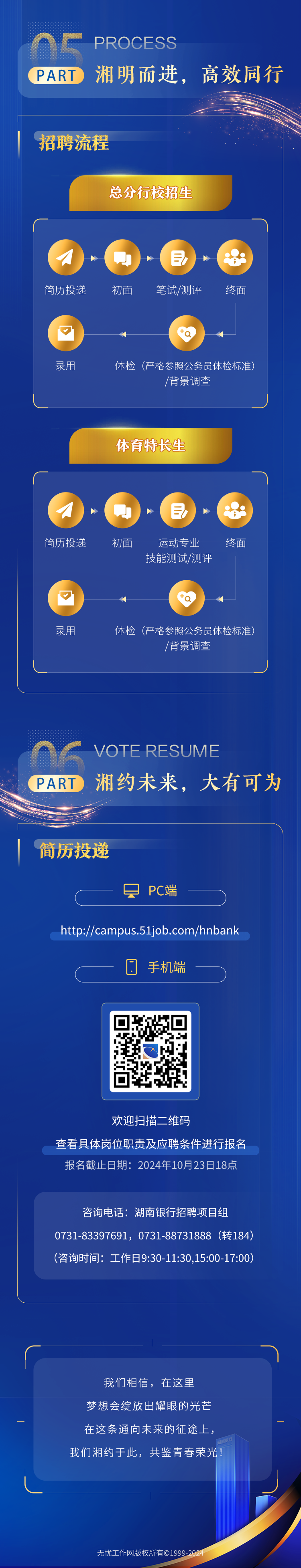 <p>05PRC CESS</p>
<p>PART湘明而进,高效同行</p>
<p>招聘流程</p>
<p>总分行校招生</p>
<p>(</p>
<p>小目</p>
<p>简历投递初面笔试/测评终面</p>
<p>☐</p>
<p>录用体检(严格参照公务员体检标准)</p>
<p>/背景调查</p>
<p>体育特长生</p>
<p>(</p>
<p>小目</p>
<p>简历投递初面运动专业终面</p>
<p>技能测试/测评</p>
<p>☐</p>
<p>录用体检(严格参照公务员体检标准)</p>
<p>/背景调查</p>
<p>()</p>
<p>VOTE RESUME</p>
<p>PART 湘约未来,大有可为</p>
<p> 简历投递</p>
<p>只PC端</p>
<p>http://campus.51job.com/hnbank</p>
<p>目手机端</p>
<p>欢迎扫描二维码</p>
<p>查看具体岗位职责及应聘条件进行报名</p>
<p>报名截止日期: 2024年10月23日18点</p>
<p>咨询电话:湖南银行招聘项目组</p>
<p>0731-83397691, 0731-88731888 (转184)</p>
<p>(咨询时间:工作日9:30-11:30,15:00-17:00)</p>
<p></p>
<p>我们相信,在这里</p>
<p>梦想会绽放出耀眼的光芒</p>
<p>在这条通向未来的征途上,</p>
<p>我们湘约于此,共鉴青春荣光!</p>
<p>无忧工作网版权所有@1999-2024</p>
