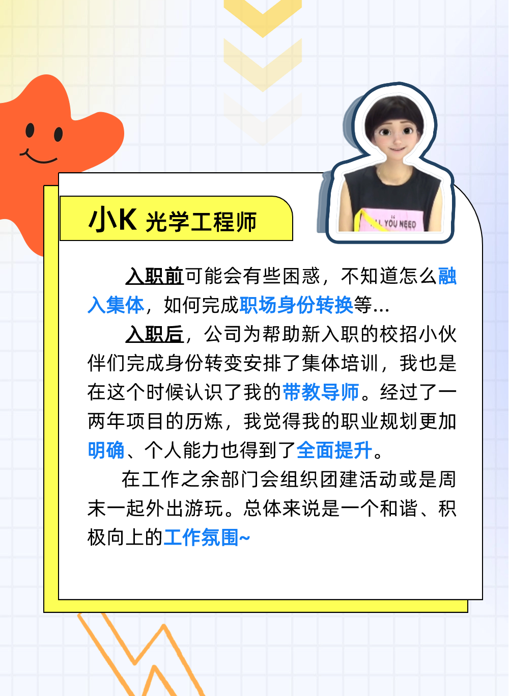<p>小K光学工程师</p>
<p>YOU NEED</p>
<p>入职前可能会有些困惑，不知道怎么融<br/>入集体，如何完成职场身份转换等...</p>
<p>入职后，公司为帮助新入职的校招小伙<br/>伴们完成身份转变安排了集体培训，我也是<br/>在这个时候认识了我的带教导师。经过了一<br/>两年项目的历炼，我觉得我的职业规划更加<br/>明确、个人能力也得到了全面提升。</p>
<p>在工作之余部门会组织团建活动或是周<br/>末一起外出游玩。总体来说是一个和谐、积<br/>极向上的工作氛围~</p>
