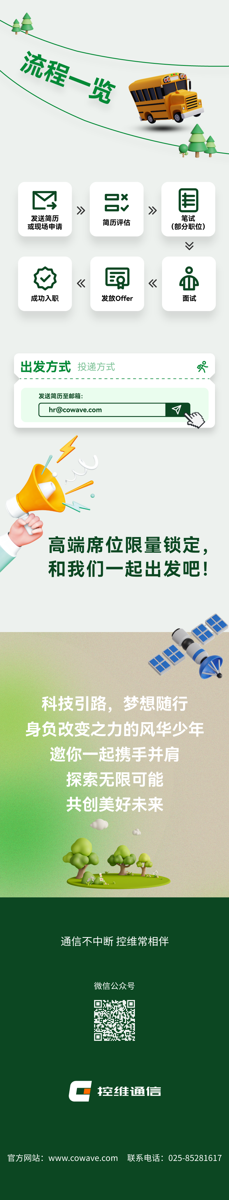 <p>od</p>
<p>、发</p>
<p>》》</p>
<p>V</p>
<p>夕</p>
<p>G.)</p>
<p>高端席位限量锁定,</p>
<p>和我们一起出发吧!</p>
<p>科技引路,梦想随行</p>
<p>身负改变之力的风华少年</p>
<p>邀你一起携手并肩</p>
<p>探索无限可能</p>
<p>共创美好未来</p>
<p>通信不中断控维常相伴</p>
<p>微信公众号</p>
<p>C控维通信</p>
<p>Www.c owave.com联系电话: 025-85281617</p>

<table>
<tr><td>☐发送简历或现场申请</td>
<td>Xv简历评估</td>
<td>围笔试(部分职位)</td>
</tr>
<tr><td>成功入职</td>
<td>《 同 《发放Offer</td>
<td>4D面试</td>
</tr>
<tr><td colspan="3"></td>
</tr>
<tr><td colspan="3">出发方式投递方式 火发送简历至邮箱:hr@cowave.com</td>
</tr>
</table>
