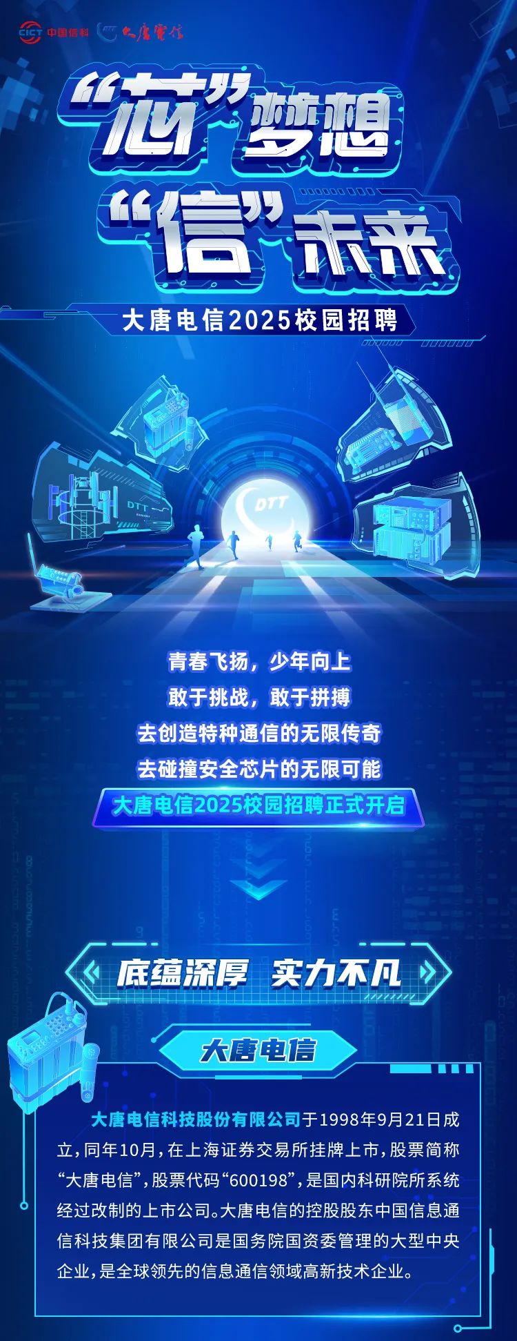 <p>&ldquo;芯&rdquo;梦想</p>
<p>底蕴深厚 实力不凡》</p>
<p>大唐电信</p>
<p>大唐电信科技股份有限公司于1998年9月21日成</p>
<p>企业,是全球领先的信息通信领域高新技术企业。</p>

<table>
<tr><td></td>
<td></td>
<td></td>
</tr>
<tr><td rowspan="2"></td>
<td></td>
<td></td>
</tr>
<tr><td></td>
<td></td>
</tr>
<tr><td></td>
<td></td>
<td></td>
</tr>
<tr><td colspan="3">大唐电信2025校园招聘IAI、 DTTt 1 生青春飞扬,少年向上敢于挑战,敢于拼搏去创造特种通信的无限传奇去碰撞安全芯片的无限可能</td>
</tr>
<tr><td colspan="3">,大唐电信2025校园招聘正式开启</td>
</tr>
</table>
