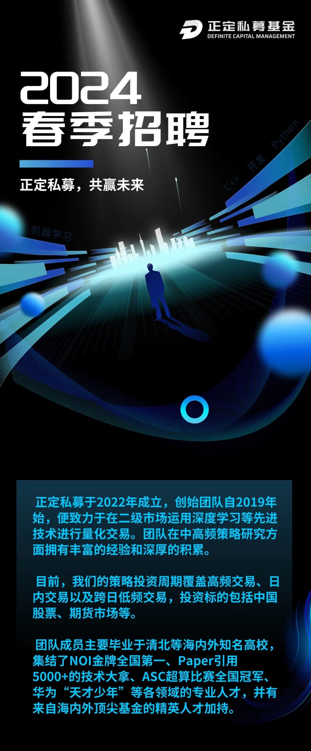 <p>正定私募基金<br/>DEFINITE CAPITAL MANAGEMENT</p>
<p>2024</p>
<p>春季招聘</p>
<p>正定私募，共赢未来</p>
<p>机器</p>
<p>正定私募于2022年成立，创始团队自2019年<br/>始，便致力于在二级市场运用深度学习等先进<br/>技术进行量化交易。团队在中高频策略研究方<br/>面拥有丰富的经验和深厚的积累。</p>
<p>目前，我们的策略投资周期覆盖高频交易、日<br/>内交易以及跨日低频交易，投资标的包括中国<br/>股票、<br/>期货市场等。</p>
<p>团队成员主要毕业于清北等海内外知名高校，<br/>集结了NOI金牌全国第一、Paper引用</p>
<p>5000+的技术大拿、ASC超算比赛全国冠军、<br/>华为&ldquo;天才少年&rdquo;等各领域的专业人才，并有<br/>来自海内外顶尖基金的精英人才加持。</p>
