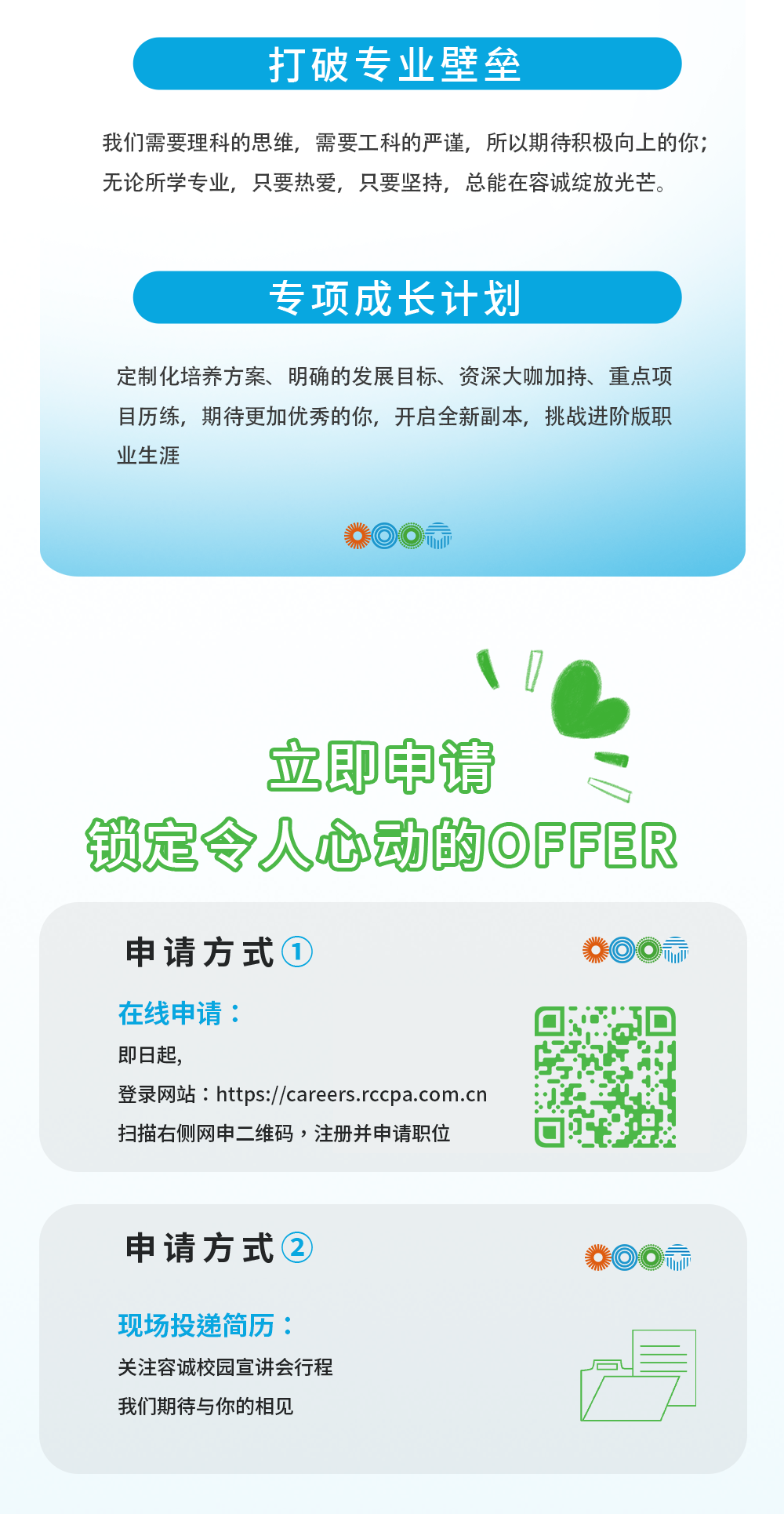 <p>打破专业壁垒</p>
<p>我们需要理科的思维,需要工科的严谨,所以期待积极向.上的你;</p>
<p>无论所学专业,只要热爱,只要坚持,总能在容诚绽放光芒。</p>
<p>专项成长计划</p>
<p>定制化培养方案、明确的发展目标、资深大咖加持、重点项</p>
<p>目历练,期待更加优秀的你,开启全新副本,挑战进阶版职</p>
<p>业生涯</p>
<p>券  示</p>
<p>关注容诚校园宣讲会行程</p>
<p>我们期待与你的相见</p>

<table>
<tr><td colspan="2">\\0立即申请锁定令人心动的OFFER申请方式①   标在线申请:即日起, 好 品登录网站: https://careers.rccpa.com.cn扫描右侧网申二维码,注册并申请职位</td>
</tr>
<tr><td colspan="2"></td>
</tr>
<tr><td colspan="2">申请方式② 券 标现场投递简历:</td>
</tr>
<tr><td></td>
<td></td>
</tr>
</table>
