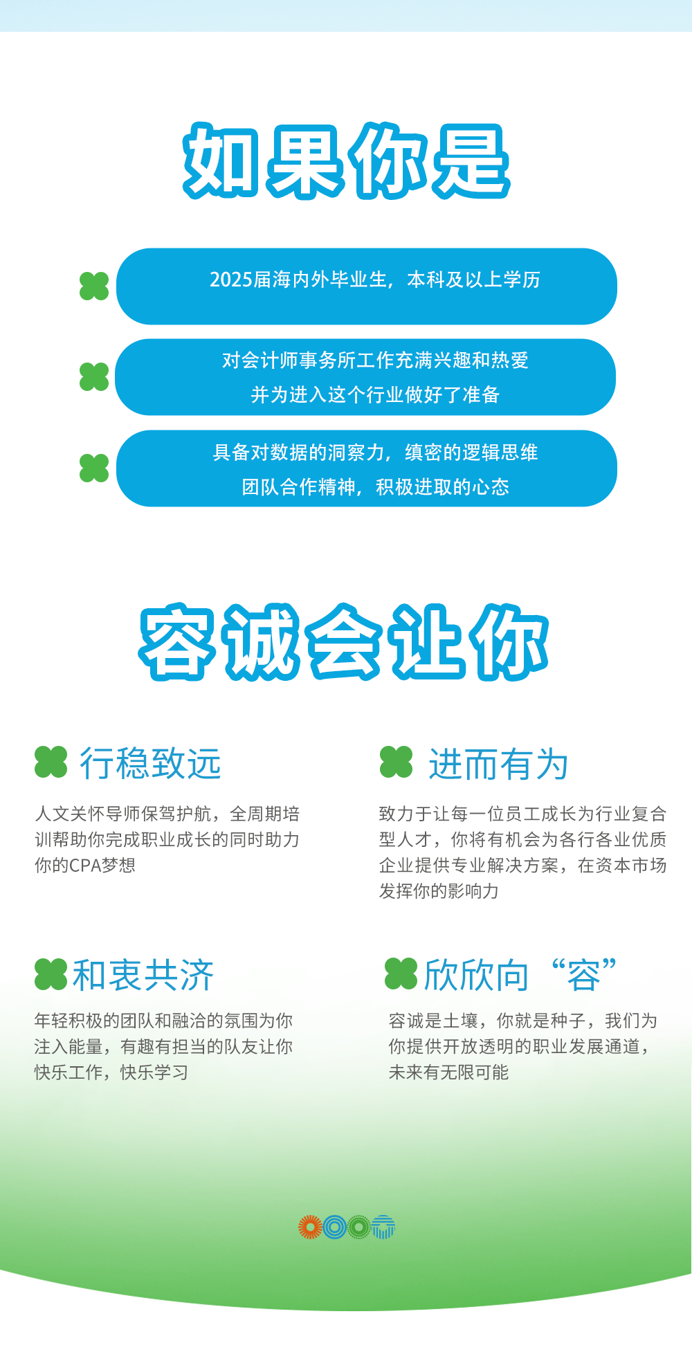 <p>如果你是</p>
<p>x2025届海内外毕业生,本科及以.上学历</p>
<p>对会计师事务所工作充满兴趣和热爱</p>
<p>u</p>
<p>并为进入这个行业做好了准备</p>
<p>x具备对数据的洞察力,缜密的逻辑思维</p>
<p>团队合作精神,积极进取的心态</p>
<p>容诚会让你</p>
<p>8行稳致远8进而有为</p>
<p>人文关怀导师保驾护航,全周期培致力于让每一位员工成长为行业复合</p>
<p>训帮助你完成职业成长的同时助力型人才,你将有机会为各行各业优质</p>
<p>你的CPA梦想企业提供专业解决方案,在资本市场</p>
<p>发挥你的影响力</p>
<p>8和衷共济8欣欣向“穴”</p>
<p>年轻积极的团队和融洽的氛围为你容诚是土壤,你就是种子,我们为</p>
<p>注入能量,有趣有担当的队友让你你提供开放透明的职业发展通道,</p>
<p>快乐工作,快乐学习未来有无限可能</p>
<p>糕  标</p>
