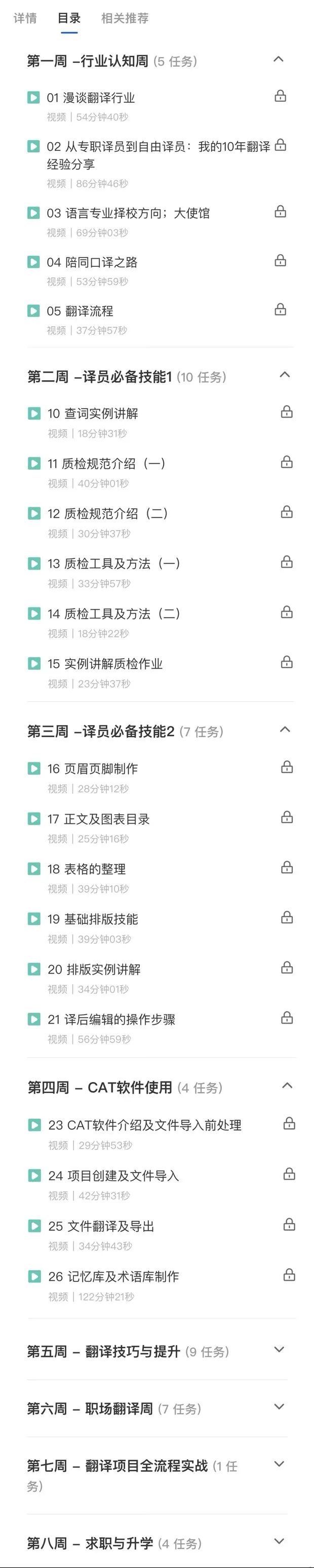 <p>详情</p>
<p>目录</p>
<p>相关推荐</p>
<p>第一周-行业认知周(5任务)</p>
<p>^</p>
<p>01漫谈翻译行业</p>
<p>视频|54分钟40利</p>
<p> </p>
<p>02从专职译员到自由译员:我的10年翻译母<br/>经验分享</p>
<p>视频|86分钟46秒</p>
<p>03语言专业择校方向;大使馆<br/>视频|69分钟03利</p>
<p>0</p>
<p>04陪同口译之路<br/>视频」53分钟59秒</p>
<p>0</p>
<p>05翻译流程<br/>视频」37分钟57利</p>
<p> </p>
<p>第二周-译员必备技能1(10任务</p>
<p>^</p>
<p>10查词实例讲解</p>
<p>视频「18分钟31俐</p>
<p>凸</p>
<p>11质检规范介绍(一)<br/>视频|40分钟01秒</p>
<p>12质检规范介绍(二)<br/>视频|30分钟37</p>
<p> </p>
<p>13质检工具及方法(一)<br/>视频」33分钟57私</p>
<p>品</p>
<p>14质检工具及方法(二)<br/>视频|18分钟22秒</p>
<p>0</p>
<p>15实例讲解质检作业<br/>视频|23分钟37</p>
<p>凸</p>
<p>第三周-译员必备技能2(7任务)</p>
<p>7</p>
<p>16页眉页脚制作</p>
<p>视频|28分钟12秒</p>
<p> </p>
<p>17正文及图表目录<br/>视频|25分钟16</p>
<p> </p>
<p>18 表格的整理<br/>视频|39分钟10秒</p>
<p>品</p>
<p>19基础排版技能</p>
<p>视频|39分钟03秒</p>
<p> </p>
<p>20排版实例讲解<br/>视频|34分钟01秒</p>
<p>凸</p>
<p>21译后编辑的操作步骤<br/>视频|56分钟59秒</p>
<p>A</p>
<p>第四周-CAT软件使用(4任务)</p>
<p>23CAT软件介绍及文件导入前处理<br/>视频|29分钟53秒</p>
<p>A</p>
<p>24项目创建及文件导入<br/>视频|42分钟31秒</p>
<p> </p>
<p>25文件翻译及导出<br/>视频|34分钟43</p>
<p> </p>
<p>26记忆库及术语库制作<br/>视频|122分钟21秒</p>
<p>品</p>
<p>第五周-翻译技巧与提升(9任务)</p>
<p>第六周-职场翻译周(7任务</p>
<p>第七周-翻译项目全流程实战(1任<br/>务</p>
<p>第八周-求职与升学(4任务</p>
