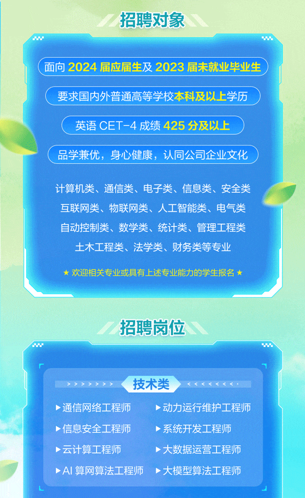 <p>招聘对象</p>
<p>Mw</p>
<p>(面向2024届应届生及2023届未就业毕业生</p>
<p>要求国内外普通高等学校本科及以上学历</p>
<p>英语CET-4成绩425分及以上</p>
<p>品学兼优, 身心健康,认同公司企业文化</p>
<p>计算机类、通信类、电子类、信息类、安全类</p>
<p>互联网类、物联网类、人工智能类、电气类</p>
<p>自动控制类、数学类、统计类、管理工程类</p>
<p>土木工程类、法学类、财务类等专业</p>
<p> 欢迎相关专业或具有上述专业能力的学生报名 </p>
<p>招聘岗位</p>
<p>w</p>
<p>➢>➢➢➢➢➢技术类<.<<<<.</p>
<p>通信网络工程师动力运行维护工程师</p>
<p>信息安全工程师系统开发工程师</p>
<p>云计算工程师大数据运营工程师</p>
<p>AI算网算法工程师大模型算法工程师</p>
<p>L</p>
