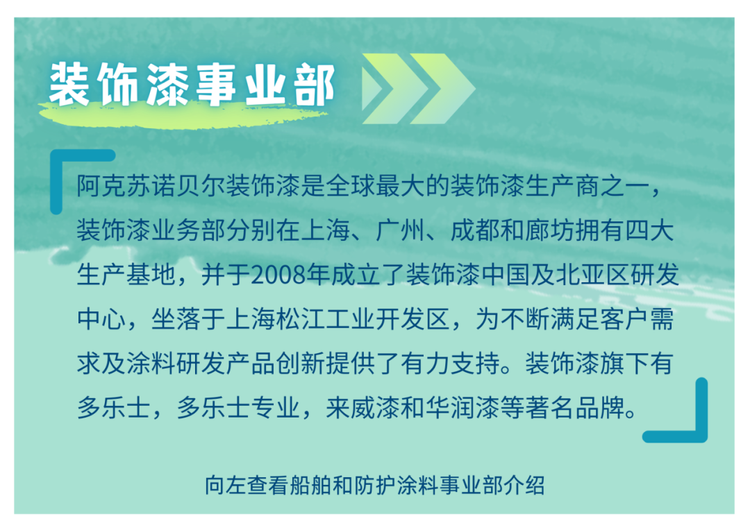 <p>装饰漆事业部</p>
<p>阿克苏诺贝尔装饰漆是全球最大的装饰漆生产商之一,<br/>装饰漆业务部分别在上海、广州、成都和廊坊拥有四大<br/>生产基地,并于2008年成立了装饰漆中国及北亚区研发<br/>中心,坐落于上海松江工业开发区,为不断满足客户需<br/>求及涂料研发产品创新提供了有力支持。装饰漆旗下有<br/>多乐士,多乐士专业,来威漆和华润漆等著名品牌。</p>
<p>向左查看船舶和防护涂料事业部介绍</p>