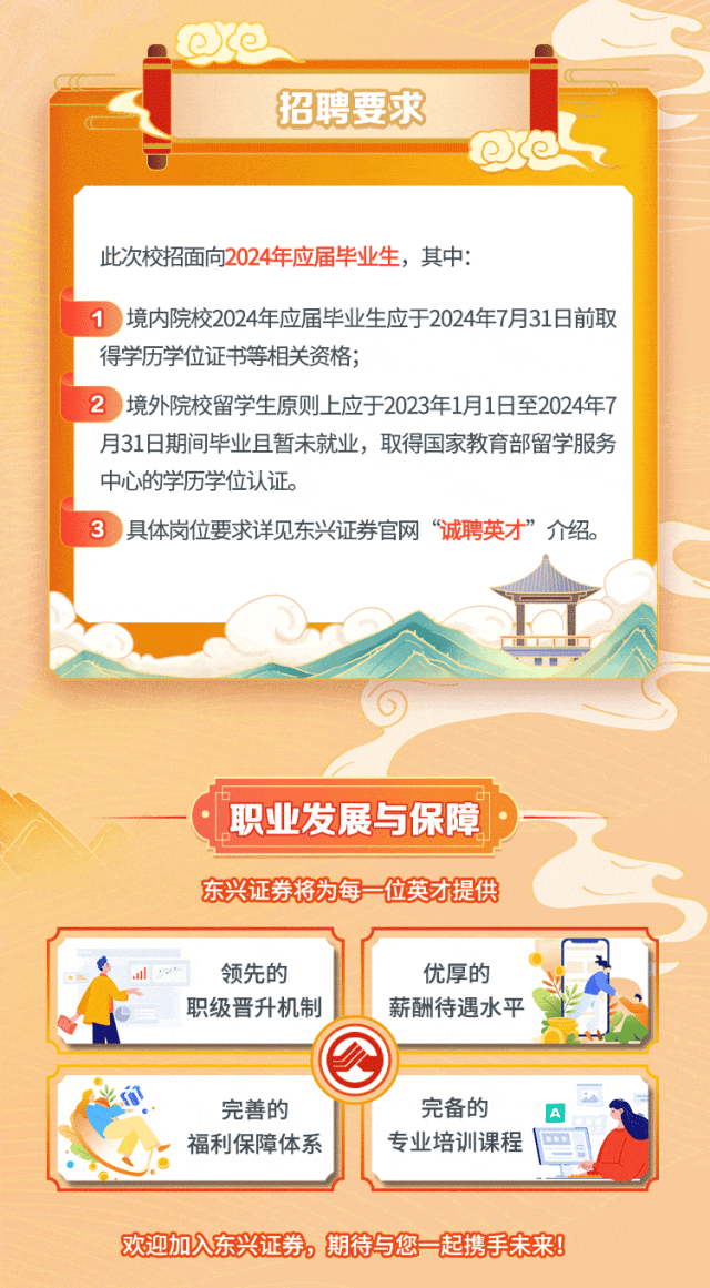 <p>招聘要求</p>
<p>此次校招面向2024年应届毕业生,其中:</p>
<p>1境内院校2024年应届毕业生应于2024年7月31日前取</p>
<p>得学历学位证书等相关资格;</p>
<p>2境外院校留学生原则上应于2023年1月1日至2024年7</p>
<p>月31日期间毕业且暂未就业,取得国家教育部留学服务</p>
<p>中心的学历学位认证。</p>
<p>3具体岗位要求详见东兴证券官网“诚聘英才”介绍。</p>
<p>: 职业发展与保障</p>
<p>D</p>
<p>东兴证券将为每-位英才提供</p>
<p>al \'领先的优厚的</p>
<p>职级晋升机制薪酬待遇水平</p>
<p>雨</p>
<p>完善的完备的A</p>
<p>福利保障体系专业培训课程</p>
<p>欢迎加入东兴证券,期待与您起携手未来!</p>
