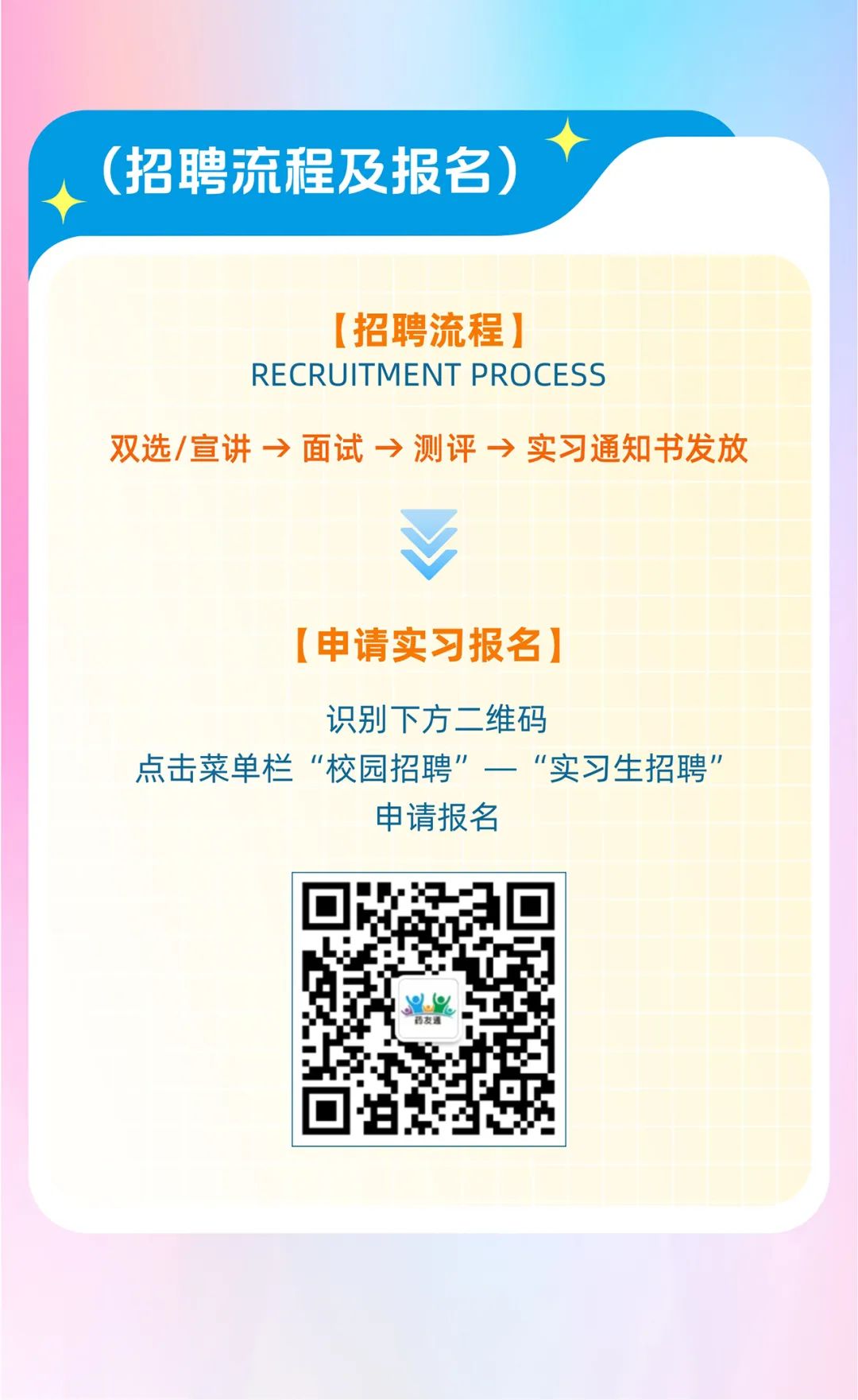 <p>(招聘流程及报名)</p>
<p>[招聘流程]</p>
<p>RECRUITMENT PROCESS</p>
<p>双选/宣讲→面试一测评→实习通知书发放</p>
<p>¥</p>
<p>[申请实习报名]</p>
<p>识别下方二维码</p>
<p>点击菜单栏“校园招聘”一“实习生招聘”</p>
<p>申请报名</p>
<p>药友通</p>
