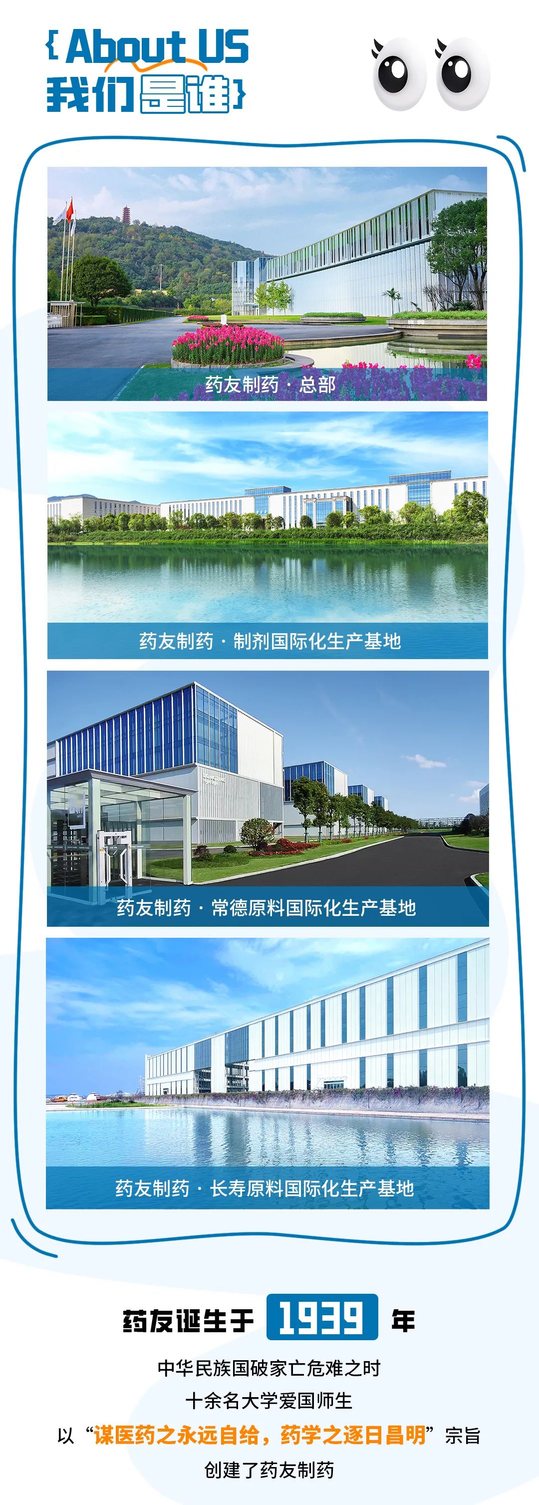 <p>{About US<br/>我们是谁}</p>
<p>药友制药·总部</p>
<p>药友制药.制剂国际化生产基地</p>
<p>药友制药.常德原料国际化生产基地</p>
<p>药友制药.长寿原料国际化生产基地</p>
<p>药友诞生于</p>
<p>1939</p>
<p>年</p>
<p>中华民族国破家亡危难之时</p>
<p>十余名大学爱国师生</p>
<p>以“谋医药之永远自给，药学之逐日昌明”宗旨</p>
<p>创建了药友制药</p>
