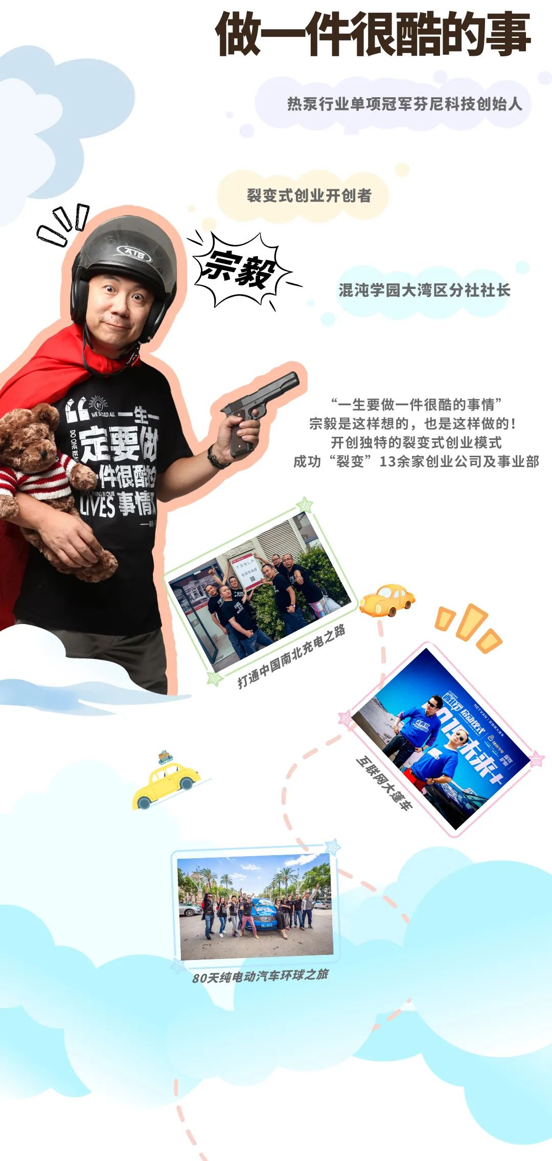 <p>做一件很酷的事</p>
<p>热泵行业单项冠军芬尼科技创始人</p>
<p>8</p>
<p>裂变式创业开创者</p>
<p>宗毅</p>
<p>混沌学园大湾区分社社长</p>
<p>2</p>
<p>症要</p>
<p>件很酸</p>
<p>LVES事情</p>
<p>“一生要做一件很酷的事情’<br/>宗毅是这样想的，也是这样做的!</p>
<p>开创独特的裂变式创业模式</p>
<p>成功“裂变”13余家创业公司及事业部</p>
<p>打通中国南北充电之路</p>
<p>动式</p>
<p>1来+</p>
<p>互联网大篷车</p>
<p>80天纯电动汽车环球之旅</p>
