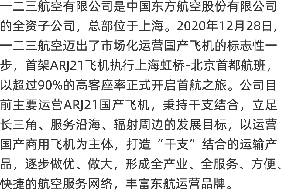 <p>二三航空有限公司是中国东方航空股份有限公司</p>
<p>的全资子公司,总部位于,上海。2020年12月28日,</p>
<p>-二三航空迈出了市场化运营国产飞机的标志性一</p>
<p>步首架ARJ21飞机执行上海虹桥-北京首都航班,</p>
<p>以超过90%的高客座率正式开启首航之旅。公司目</p>
<p>前主要运营ARJ21国产飞机,秉持干支结合,立足</p>
<p>长三角、服务沿海、辐射周边的发展目标,以运营</p>
<p>国产商用飞机为主体,打造“干支”结合的运输产</p>
<p>品逐步做优、做大,形成全产业、全服务、方便、</p>
<p>快捷的航空服务网络,丰富东航运营品牌。</p>
