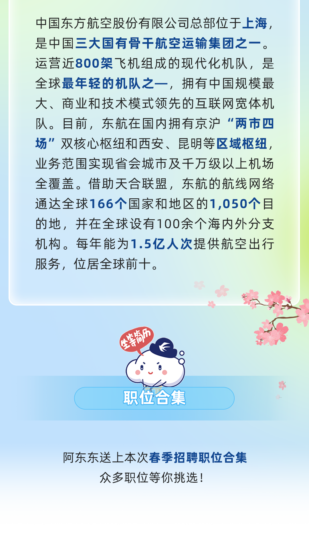 <p>中国东方航空股份有限公司总部位于上海,</p>
<p>是中国三大国有骨干航空运输集团之一。</p>
<p>运营近800架飞机组成的现代化机队,是</p>
<p>全球最年轻的机队之一,拥有中国规模最</p>
<p>大、商业和技术模式领先的互联网宽体机</p>
<p>队。目前,东航在国内拥有京沪“两市四</p>
<p>场”双核心枢纽和西安、昆明等区域枢纽,</p>
<p>业务范围实现省会城市及千万级以上机场</p>
<p>全覆盖。借助天合联盟,东航的航线网络</p>
<p>通达全球166个国家和地区的1,050个目</p>
<p>的地,并在全球设有100余个海内外分支</p>
<p>机构。每年能为1.5亿人次提供航空出行</p>
<p>服务,位居全球前十。</p>
<p>*</p>
<p>李</p>
<p>。?</p>
<p>0</p>
<p>$</p>
<p>职位合集一</p>
<p>阿东东送上本次春季招聘职位合集</p>
<p>众多职位等你挑选!</p>