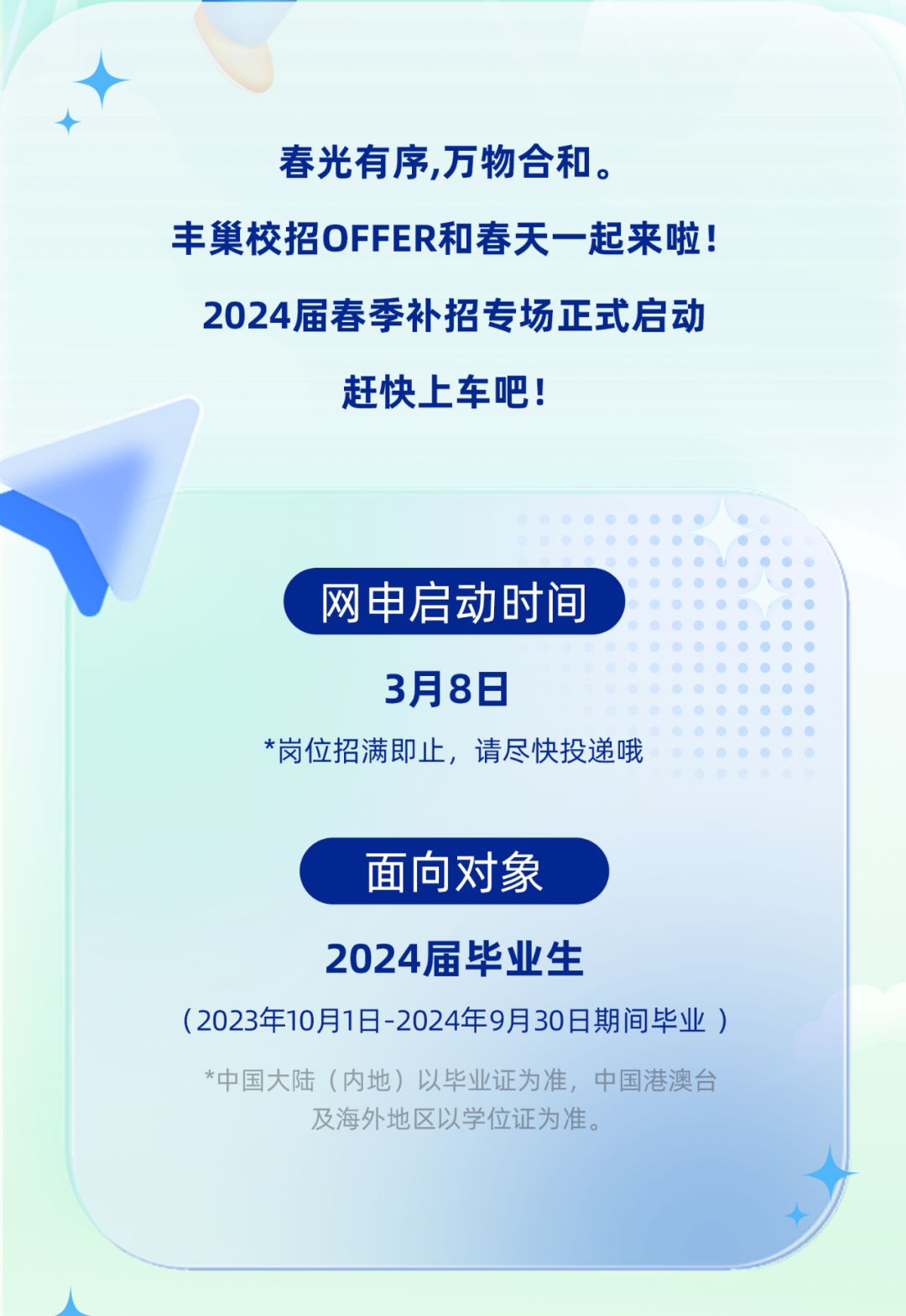 <p>◆</p>
<p>春光有序,万物合和。</p>
<p>丰巢校招OFFER和春天一起来啦!</p>
<p>2024届春季补招专场正式启动</p>
<p>赶快上车吧!</p>
<p>网申启动时间</p>
<p>3月8日</p>
<p>*岗位招满即止,请尽快投递哦</p>
<p>面向对象</p>
<p>2024届毕业生</p>
<p>(2023年10月1日-2024年9月30日期间毕业)</p>
<p>*中国大陆(内地)以毕业证为准,中国港澳台</p>
<p>及海外地区以学位证为准。</p>
