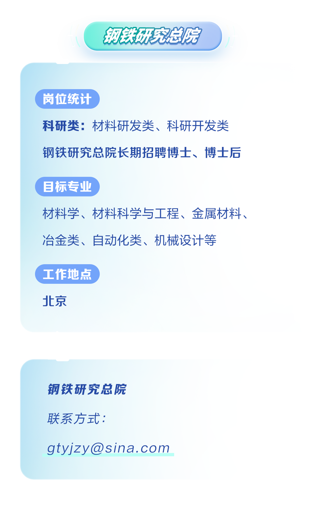 <p>钢铁研穷总院 )</p>
<p>( 岗位统计</p>
<p>科研类:材料研发类、科研开发类</p>
<p>钢铁研究总院长期招聘博士、博士后</p>
<p>( 目标专业,</p>
<p>材料学、材料科学与工程、金属材料、</p>
<p>冶金类、自动化类、机械设计等</p>
<p>(工作地点</p>
<p>北京</p>
<p>钢铁研究总院</p>
<p>联系方式:</p>
<p>gtyjzy@sina. com</p>
