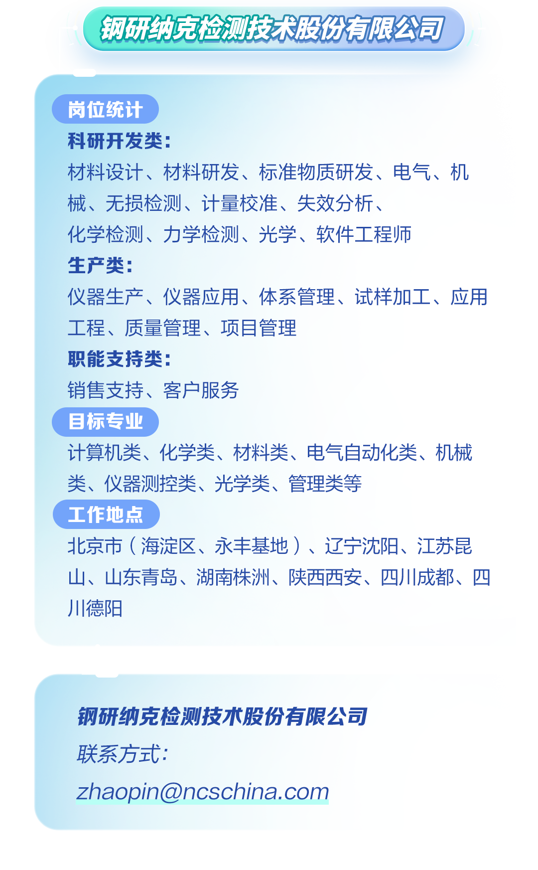 <p>钢研纳克检测技术股份有限公司</p>
<p>岗位统计</p>
<p>科研开发类:</p>
<p>材料设计、材料研发、标准物质研发、电气、机</p>
<p>械、无损检测、计量校准、失效分析、</p>
<p>化学检测、力学检测、光学、软件工程师</p>
<p>生产类:</p>
<p>仪器生产、仪器应用、体系管理、试样加工、应用</p>
<p>工程、质量管理、项目管理</p>
<p>职能支持类:</p>
<p>销售支持、客户服务</p>
<p>目标专业</p>
<p>计算机类、化学类、材料类、电气自动化类、机械</p>
<p>类、仪器测控类、光学类、管理类等</p>
<p>工作地点</p>
<p>北京市(海淀区、永丰基地)、辽宁沈阳、江苏昆</p>
<p>山、山东青岛、湖南株洲、陕西西安、四川成都、四</p>
<p>川德阳</p>
<p>钢研纳克检测技术股份有限公司</p>
<p>联系方式:</p>
<p>zhaopin@ncschina.com</p>
