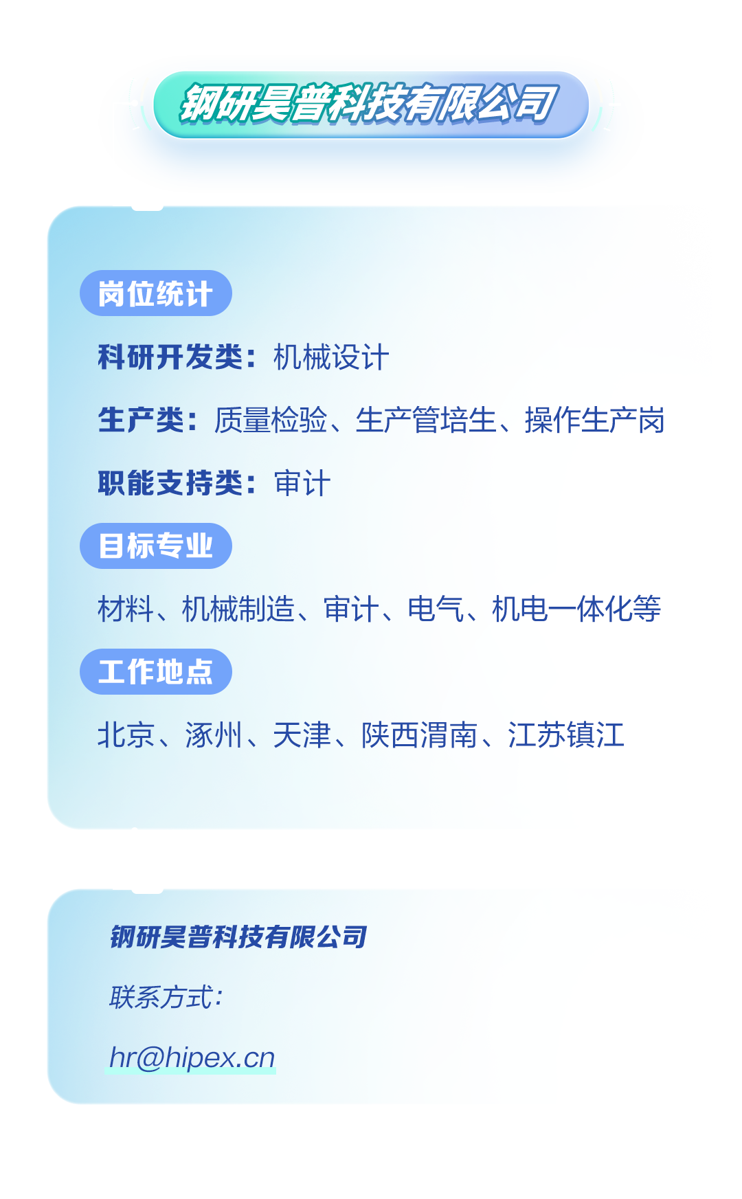 <p>( 钢研吴普科技有限公司</p>
<p>( 岗位统计</p>
<p>科研开发类:机械设计</p>
<p>生产类:质量检验、生产管培生、操作生产岗</p>
<p>职能支持类:审计</p>
<p>目标专业</p>
<p>材料、机械制造、审计、电气、机电一体化等</p>
<p>( 工作地点</p>
<p>北京、涿州、天津、陕西渭南、江苏镇江</p>
<p>钢研昊普科技有限公司</p>
<p>联系方式:</p>
<p>hr@hipex.cn</p>
