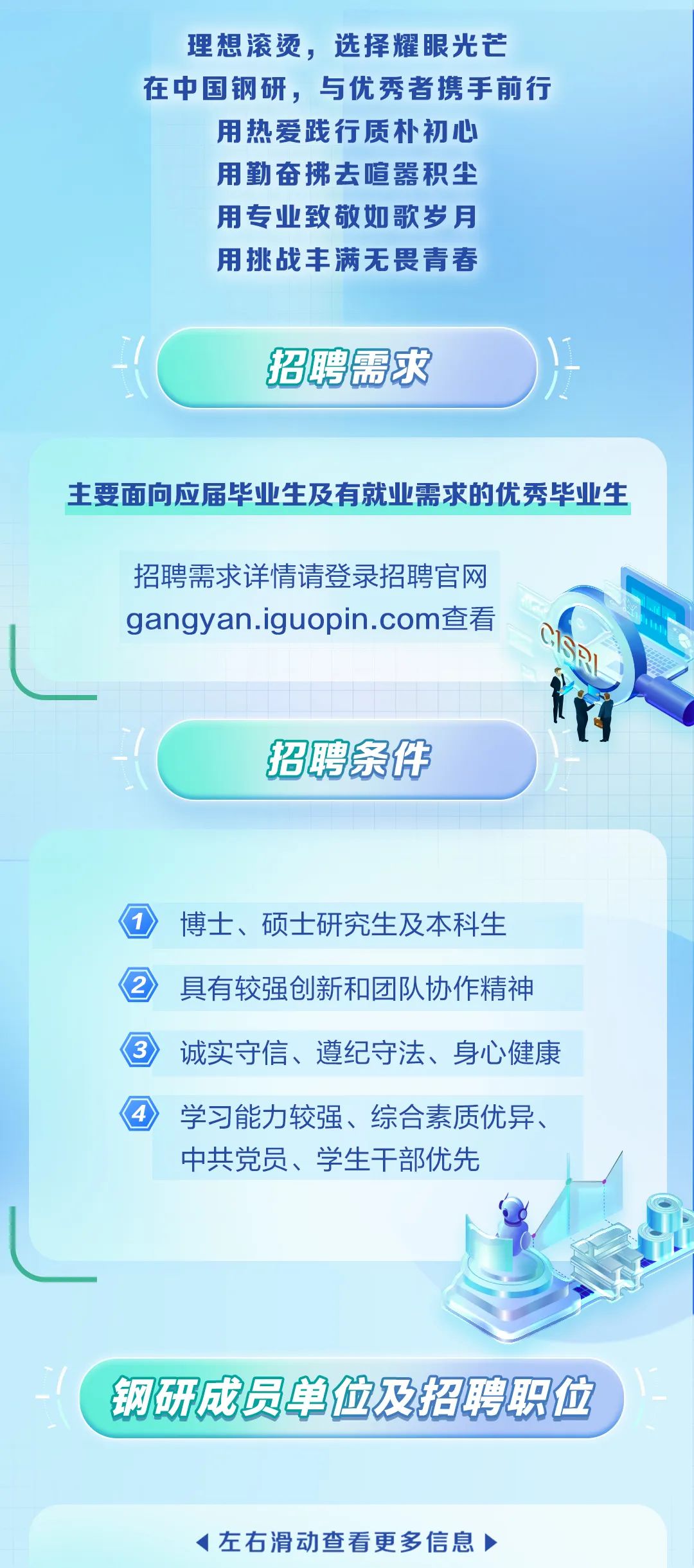 <p>理想滚烫，选择耀眼光芒<br/>在中国钢研，与优秀者携手前行<br/>用热爱践行质朴初心</p>
<p>用勤奋拂去喧嚣积尘<br/>用专业致敬如歌岁月<br/>用挑战丰满无畏青春</p>
<p>招聘需求</p>
<p>主要面向应届毕业生及有就业需求的优秀毕业生</p>
<p>招聘需求详情请登录招聘官网<br/>gangyan.iguopin.com查看</p>
<p>招聘条件</p>
<p>博士、硕士研究生及本科生<br/>具有较强创新和团队协作精神</p>
<p>诚实守信、遵纪守法、身心健康</p>
<p>学习能力较强、综合素质优异、<br/>中共党员、学生干部优先</p>
<p>钢研成员单位及招聘职位</p>
<p>1左右滑动查看更多信息</p>
